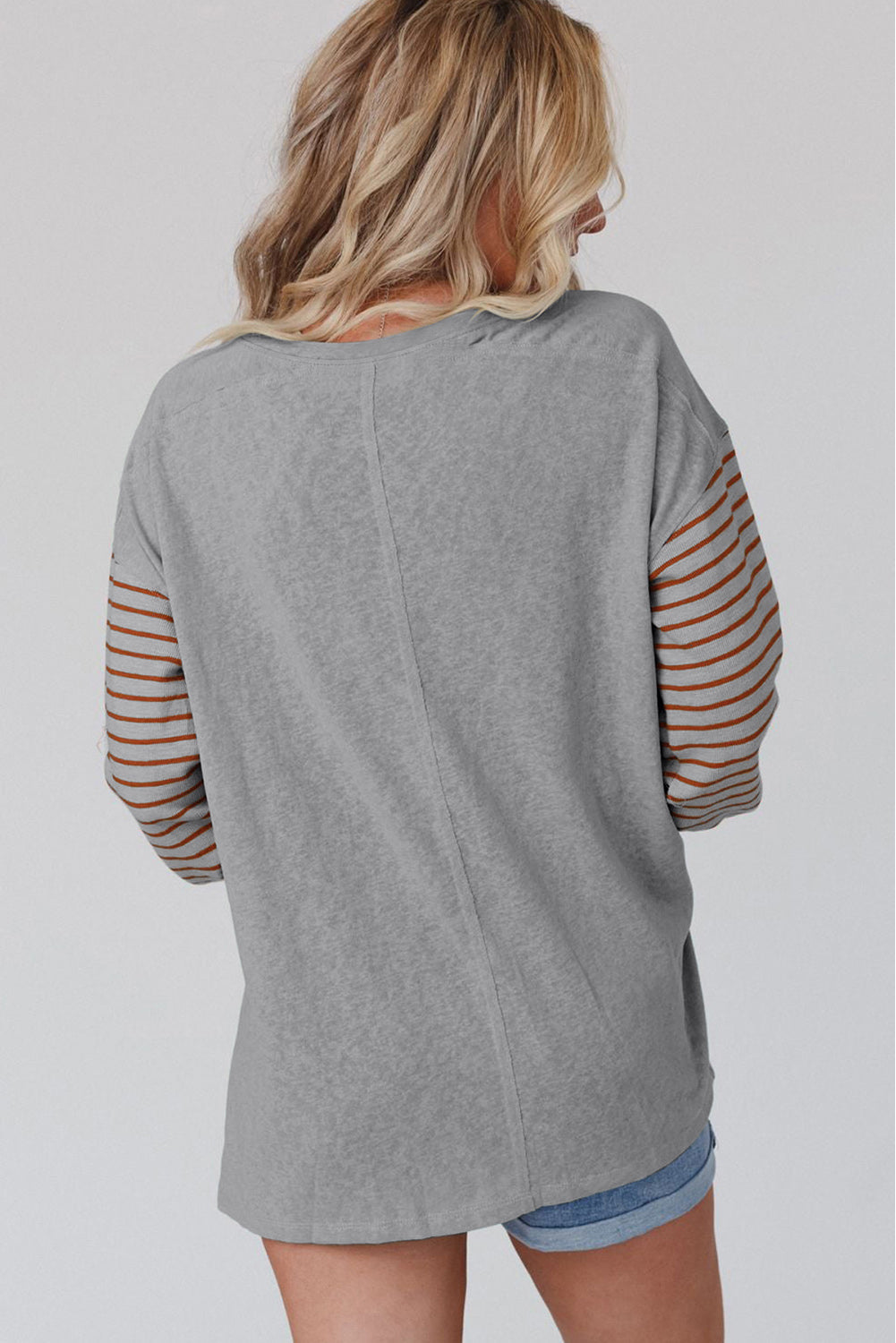 Gray Colorblock Striped Bishop Sleeve Top Dear-Lover Dropshipping