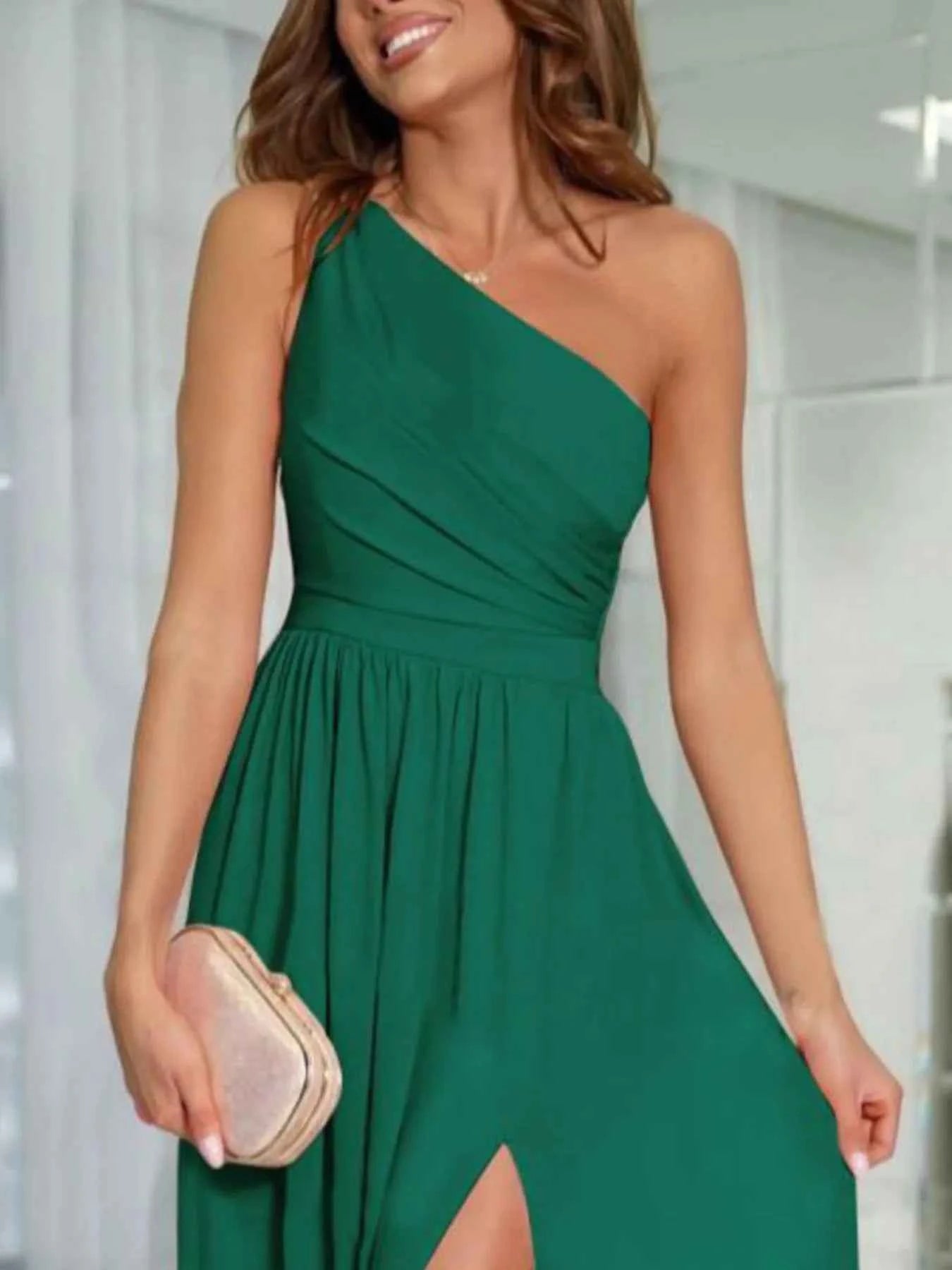 One-Shoulder High Slit Dress.