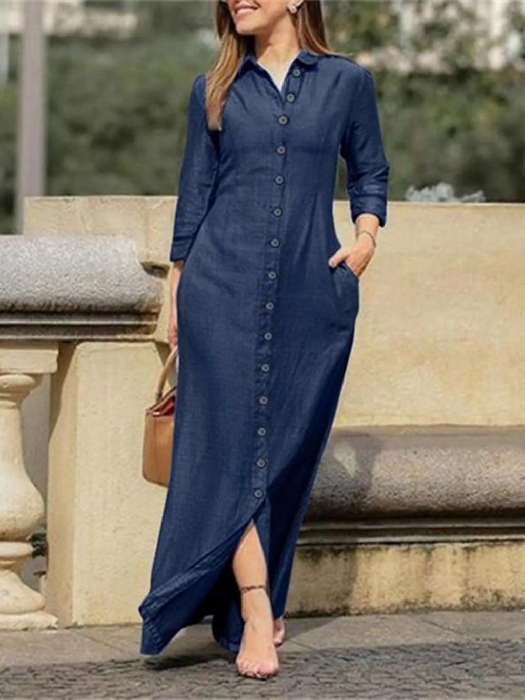 Full Size Button-Down Maxi Denim Dress Plus Size.
