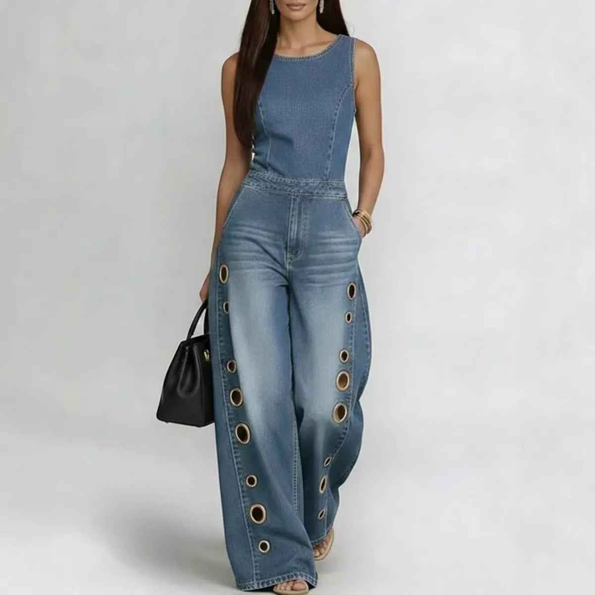 High-waisted Loose-fit Cutout Metal-detail Denim Jumpsuit