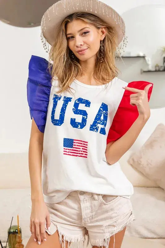 USA Theme Color Block Organza Ruffle Sleeve Top.