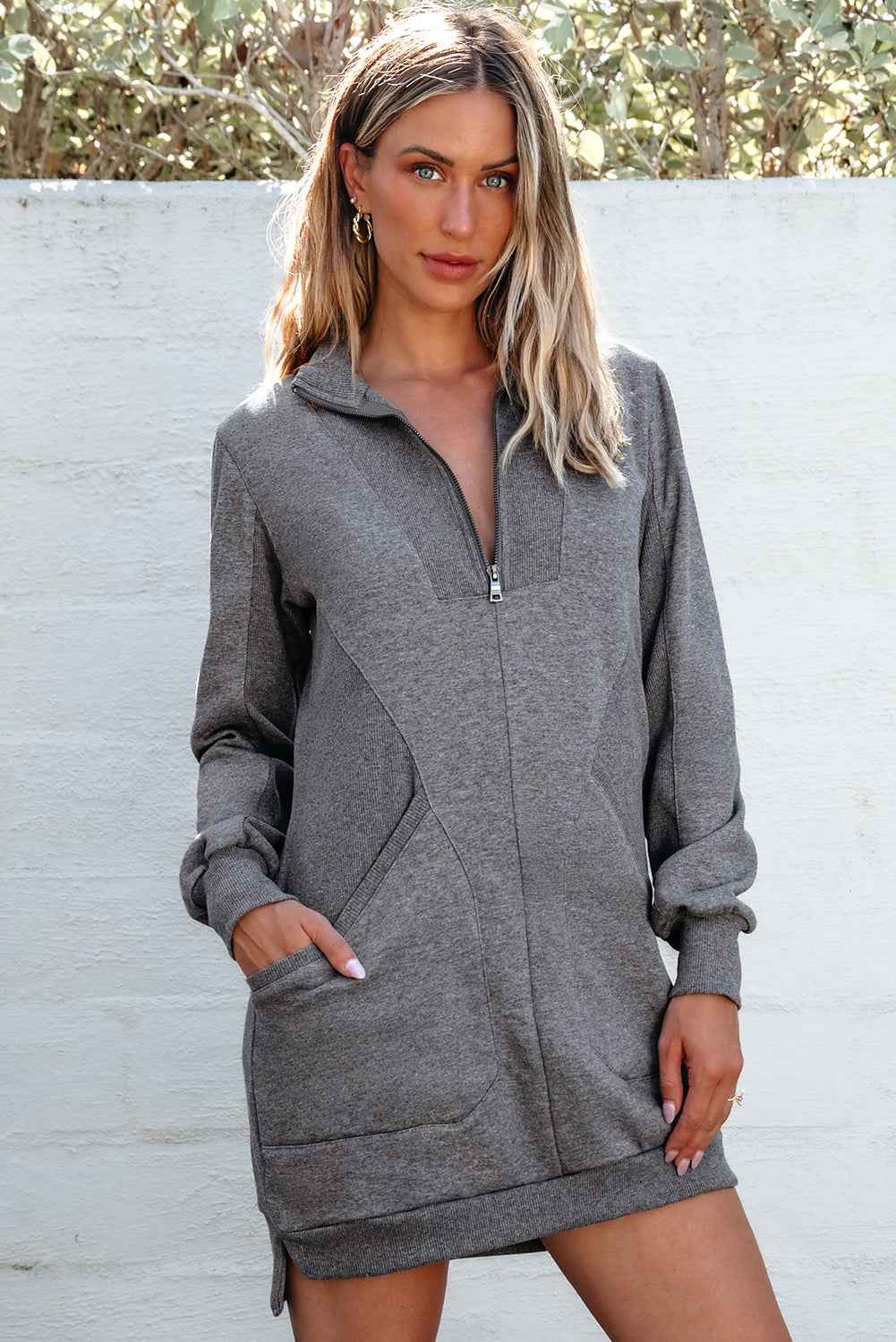 Dark Grey Zip up Collared Ribbed Patchwork Sweatshirt Dress with Pockets