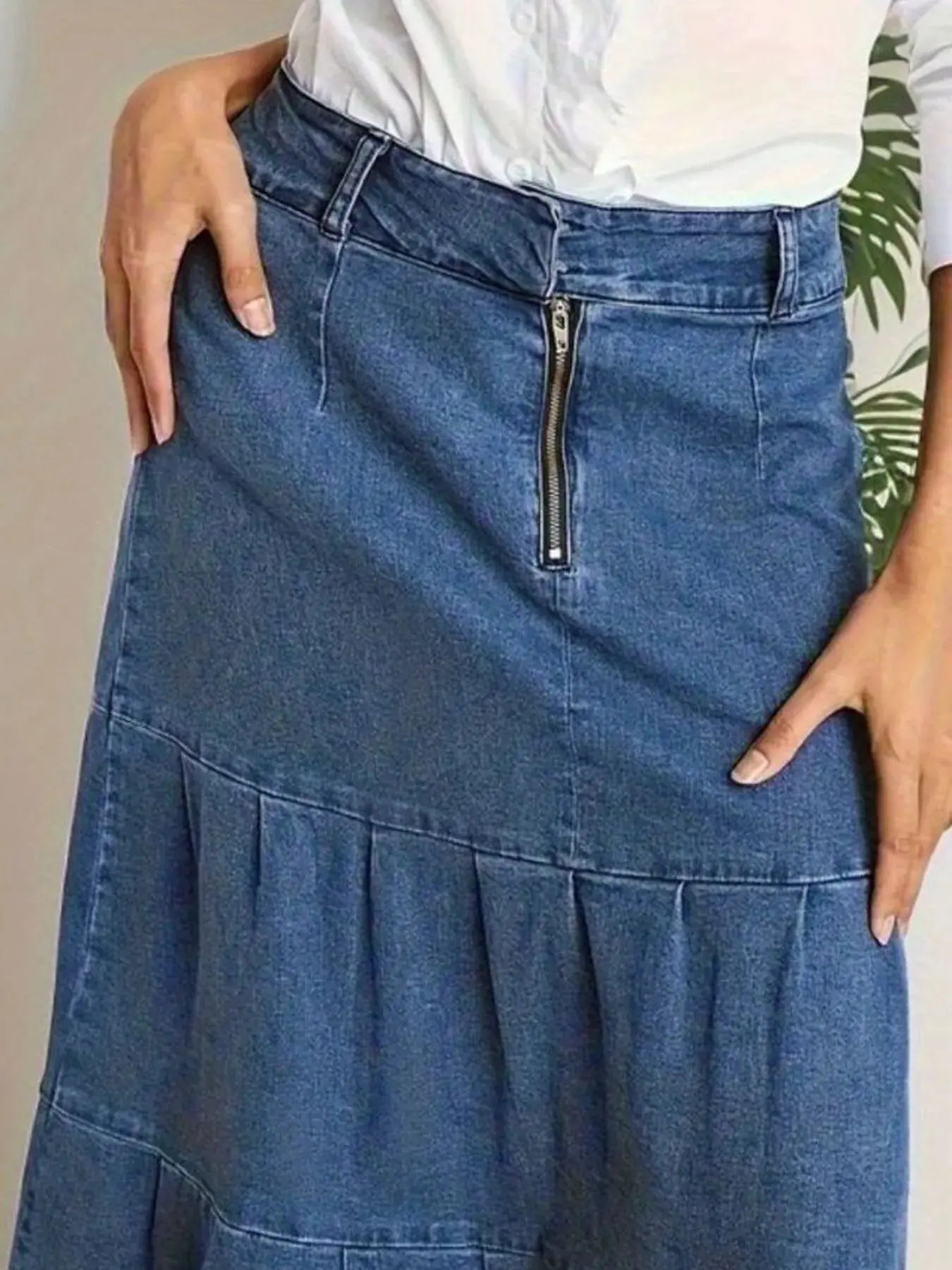 Tiered Maxi Denim Skirt with Zipper Detail.