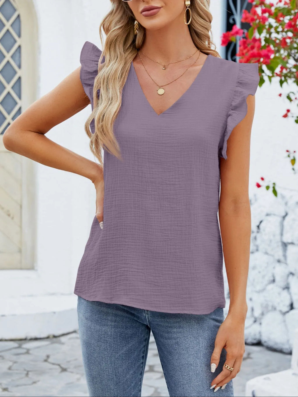 V-Neck Ruffled Sleeve Top.
