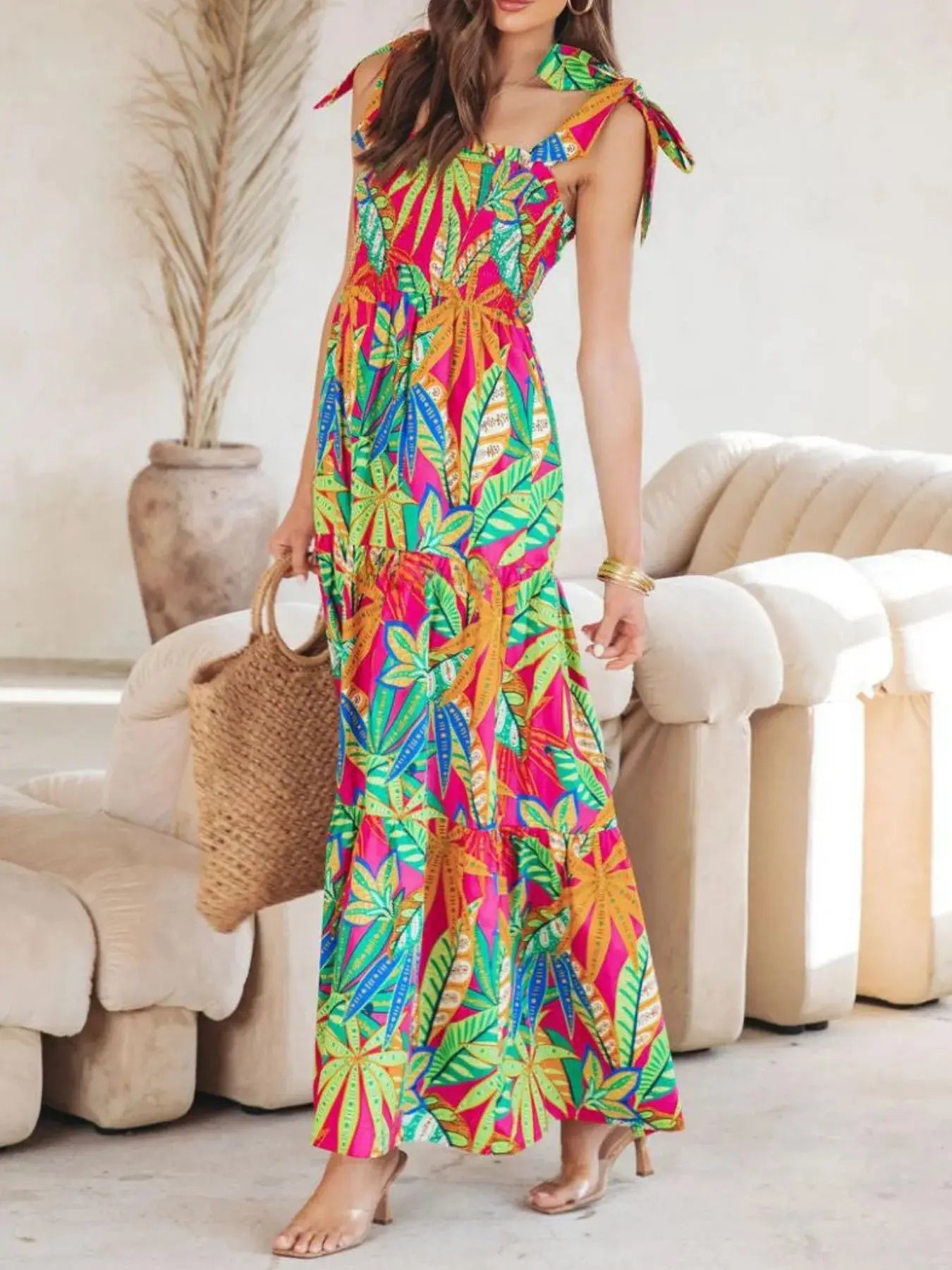 Tropical Print Tie Shoulder Maxi Dress.
