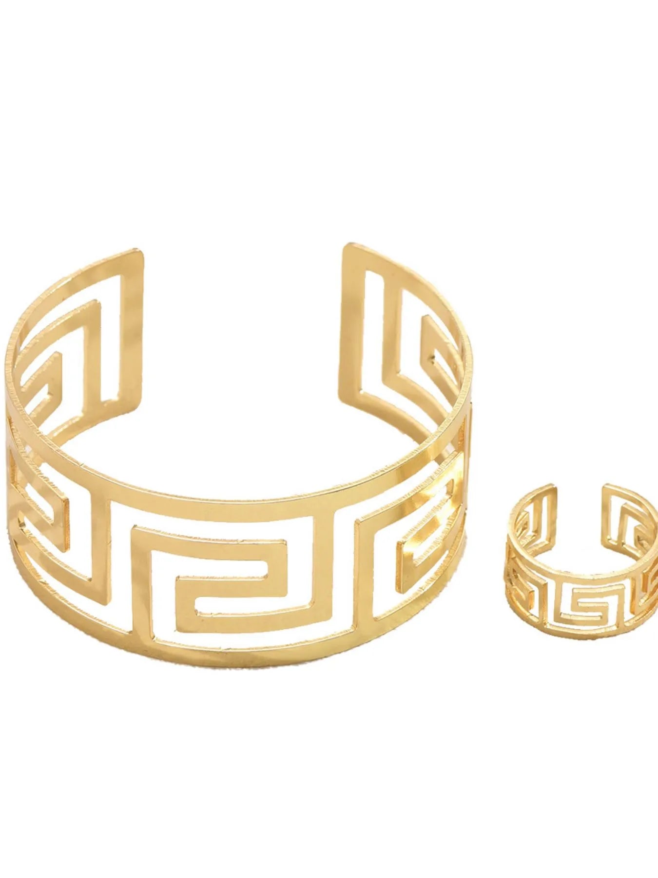 18K Gold-Plated Stainless Steel Geometric Bracelet and Ring Jewelry Set.