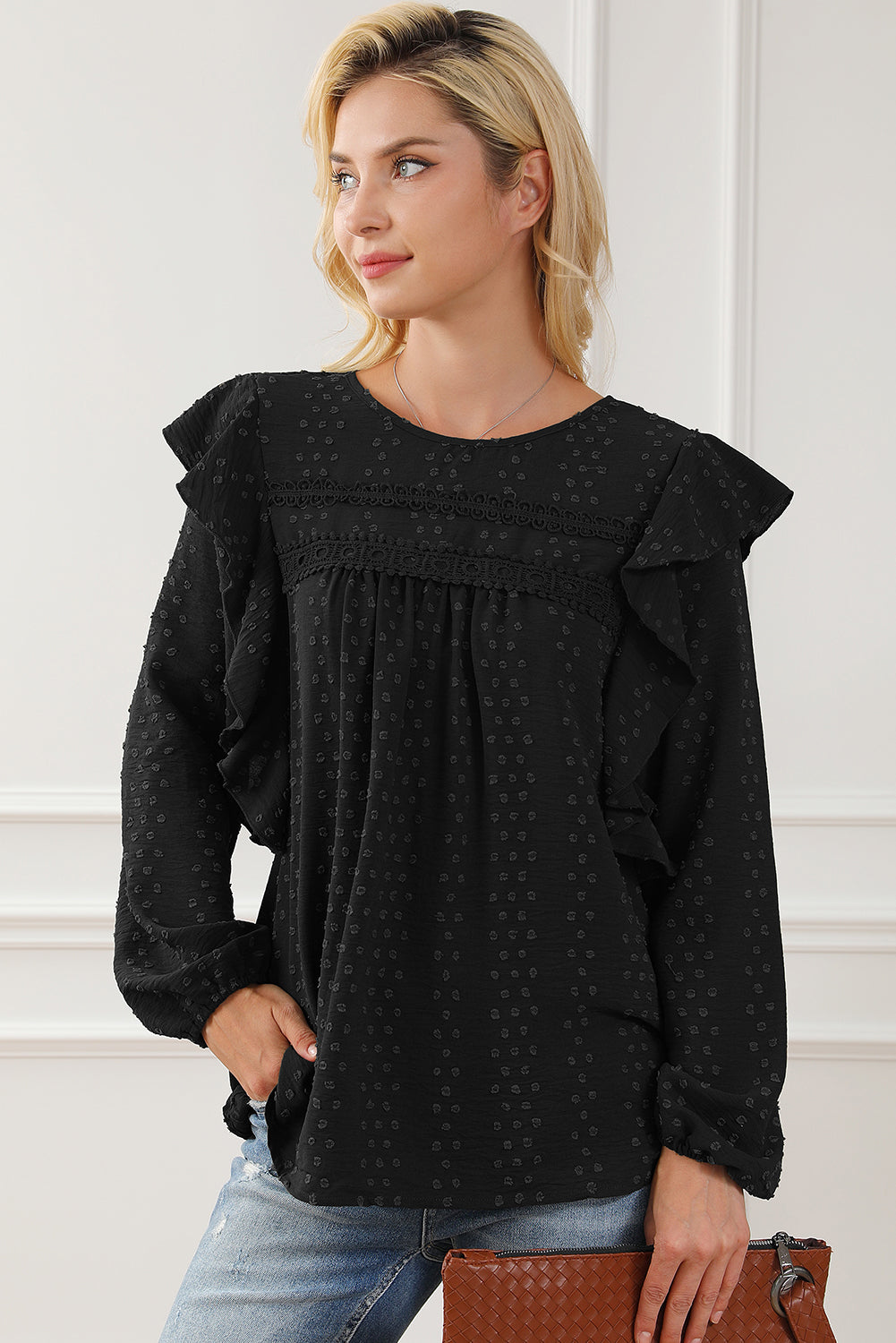 Black Lace Eyelet Ruffle Shoulder Long Sleeve Blouse Dear-Lover Dropshipping
