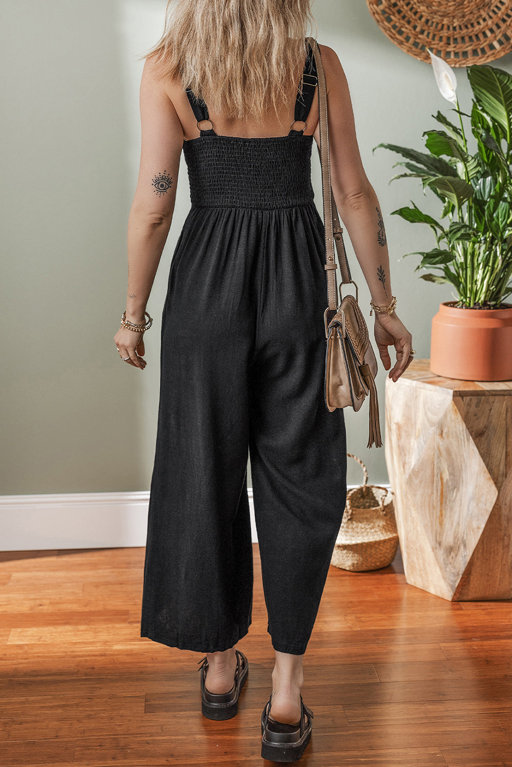 Black Front Cut Out Smocked Back Sleeveless Wide Leg Jumpsuit Dear-Lover Dropshipping
