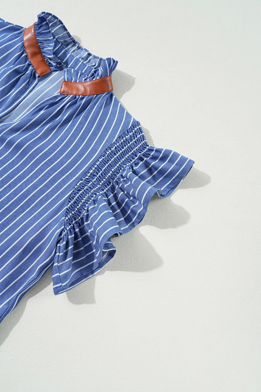 Stripe Frilly Split Neck Shirred Ruffle Sleeve Short Shift Dress.