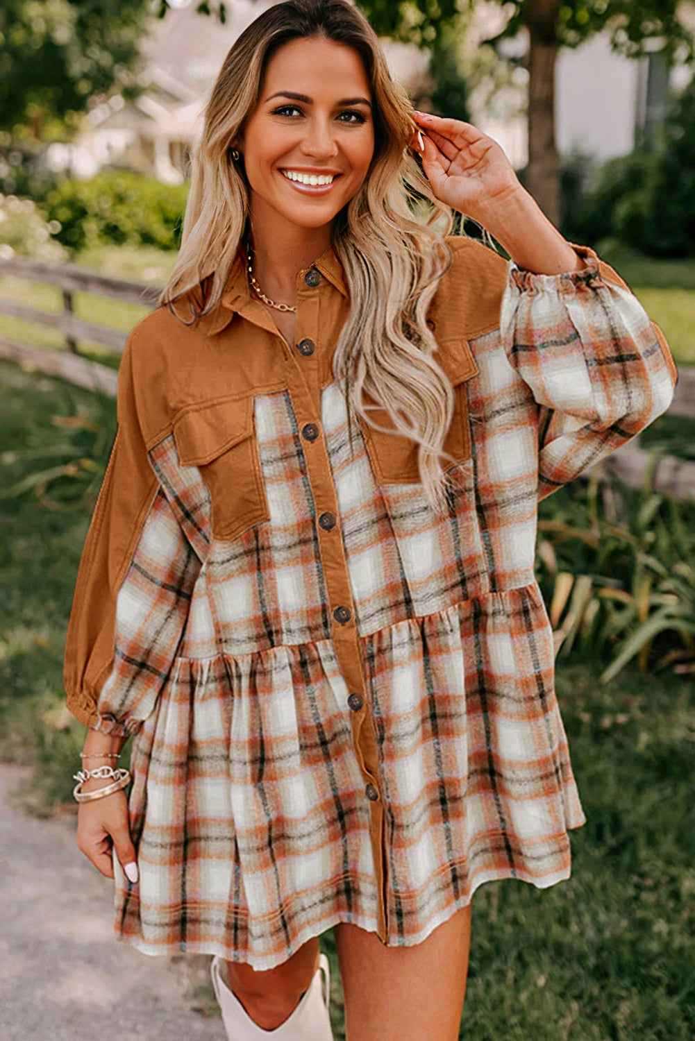 Khaki Plaid Color Block Patchwork Ruffle Hem Tunic Shirt Dress