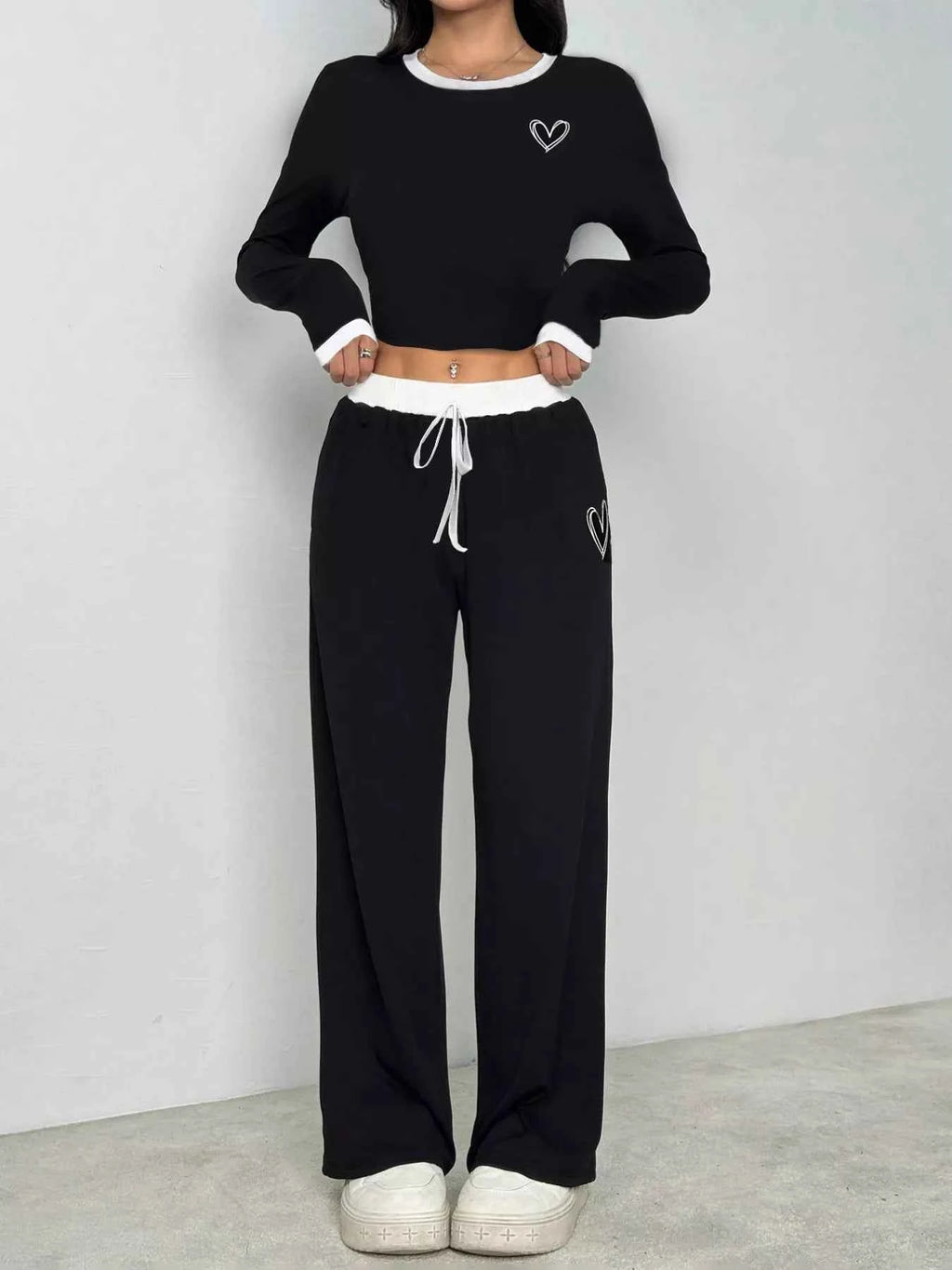 Contrast Trim Crop Top and Wide Leg Pants Set