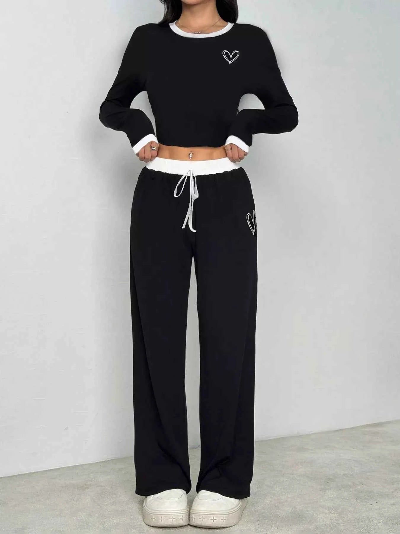 Contrast Trim Crop Top and Wide Leg Pants Set