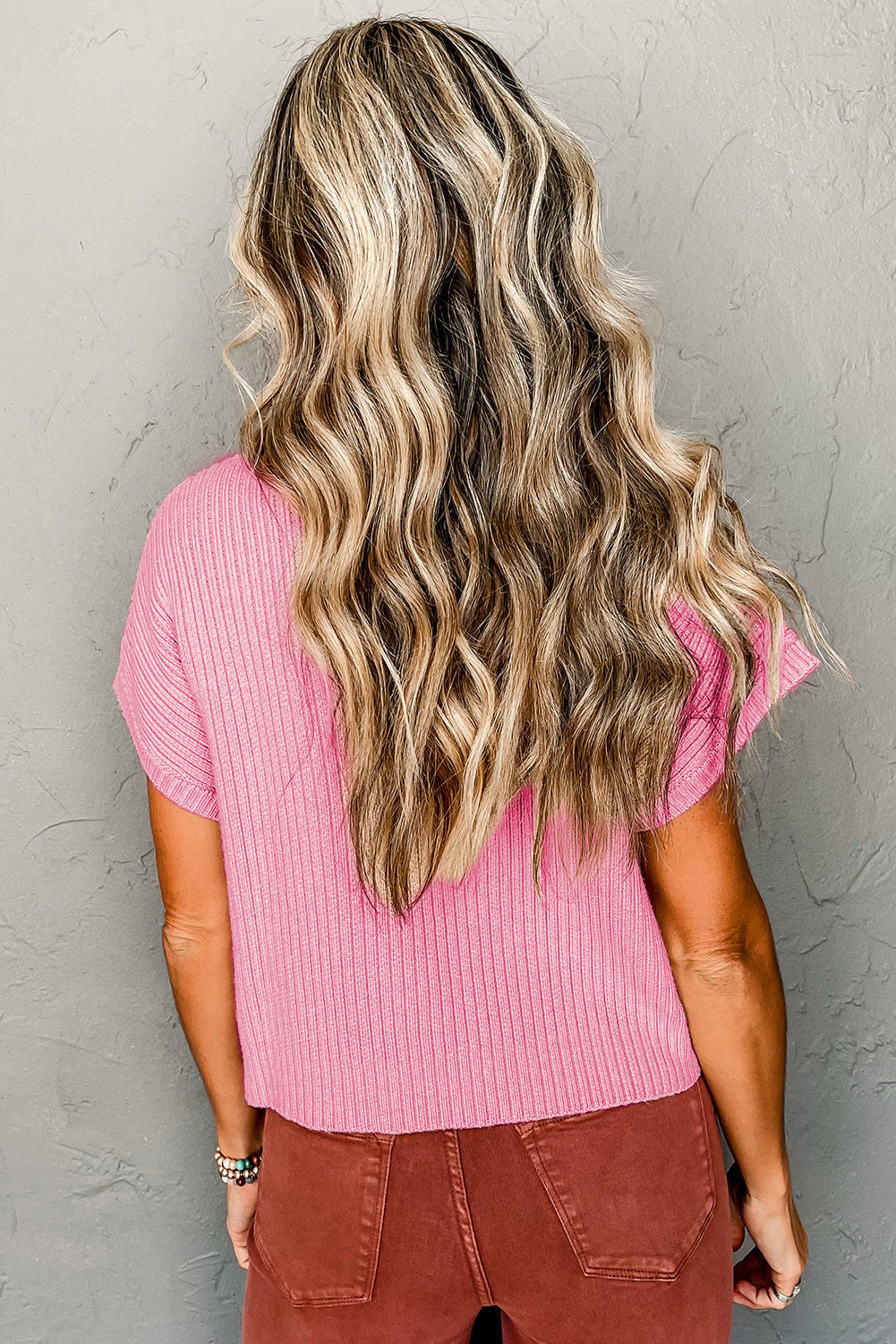 Pink Patch Pocket Ribbed Knit Short Sleeve Sweater Dear-Lover Dropshipping