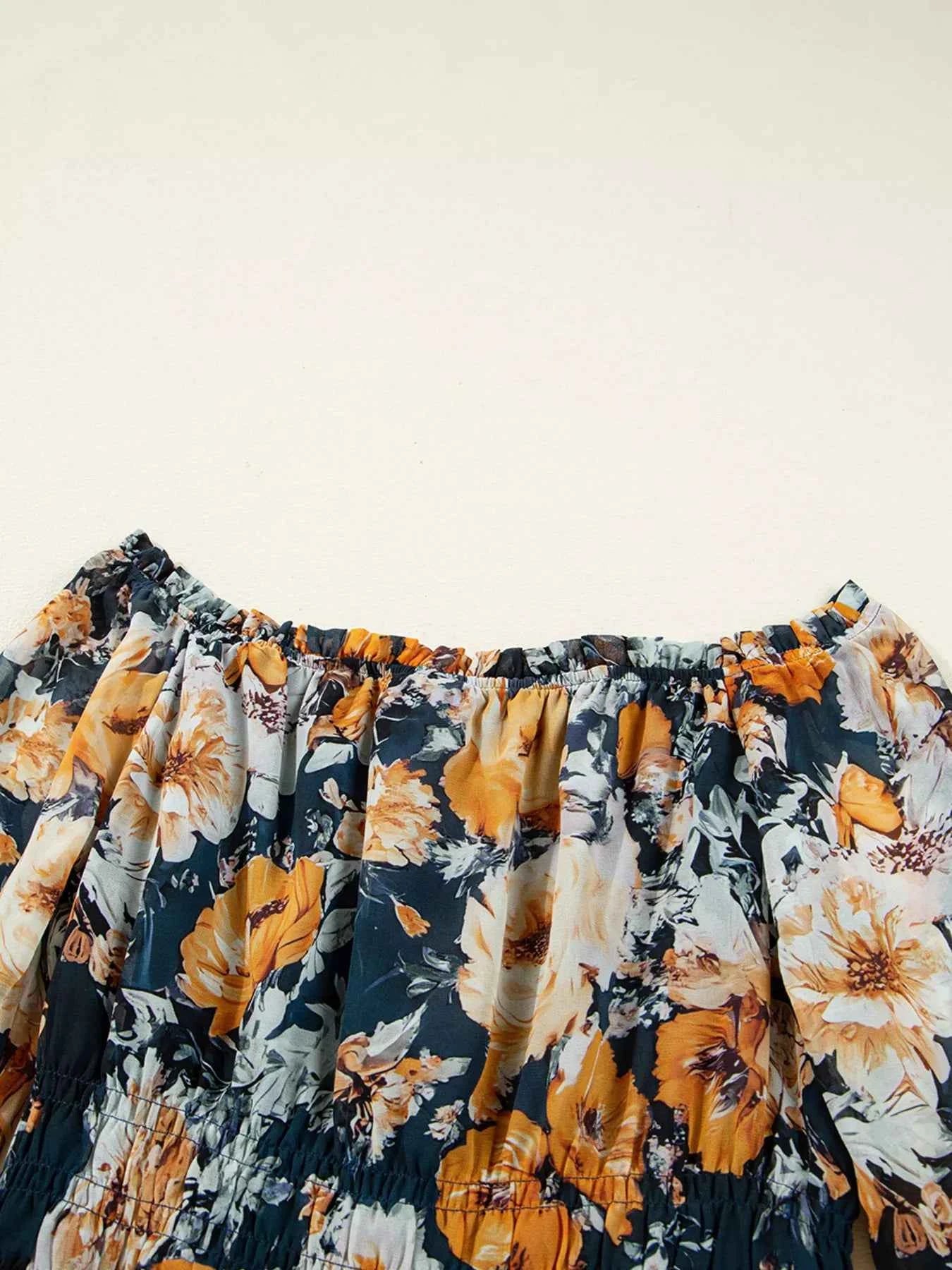 Floral Off Shoulder Bell Sleeve Smocked Peplum Top.