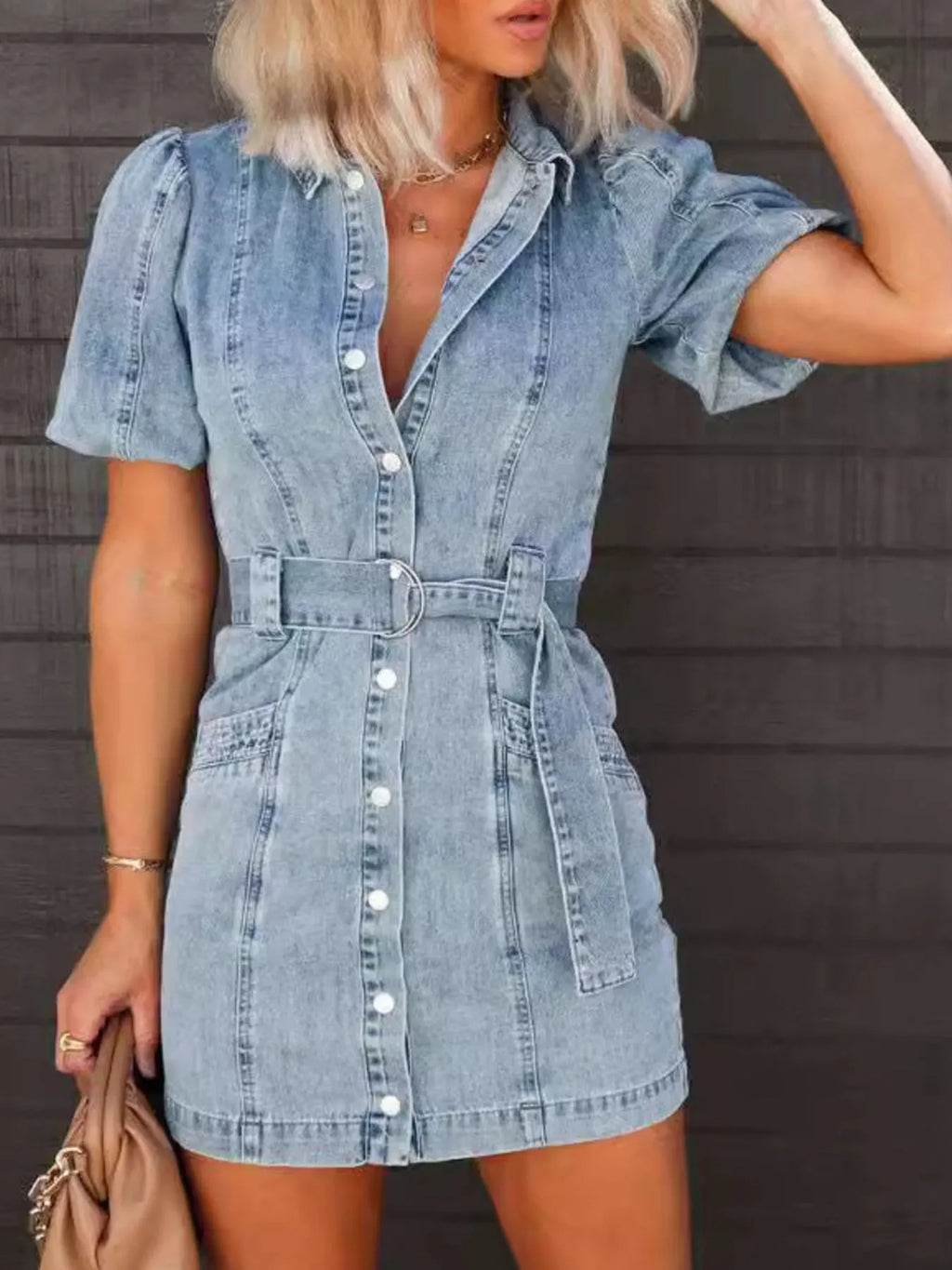 Puff Sleeve Denim Shirt Dress.