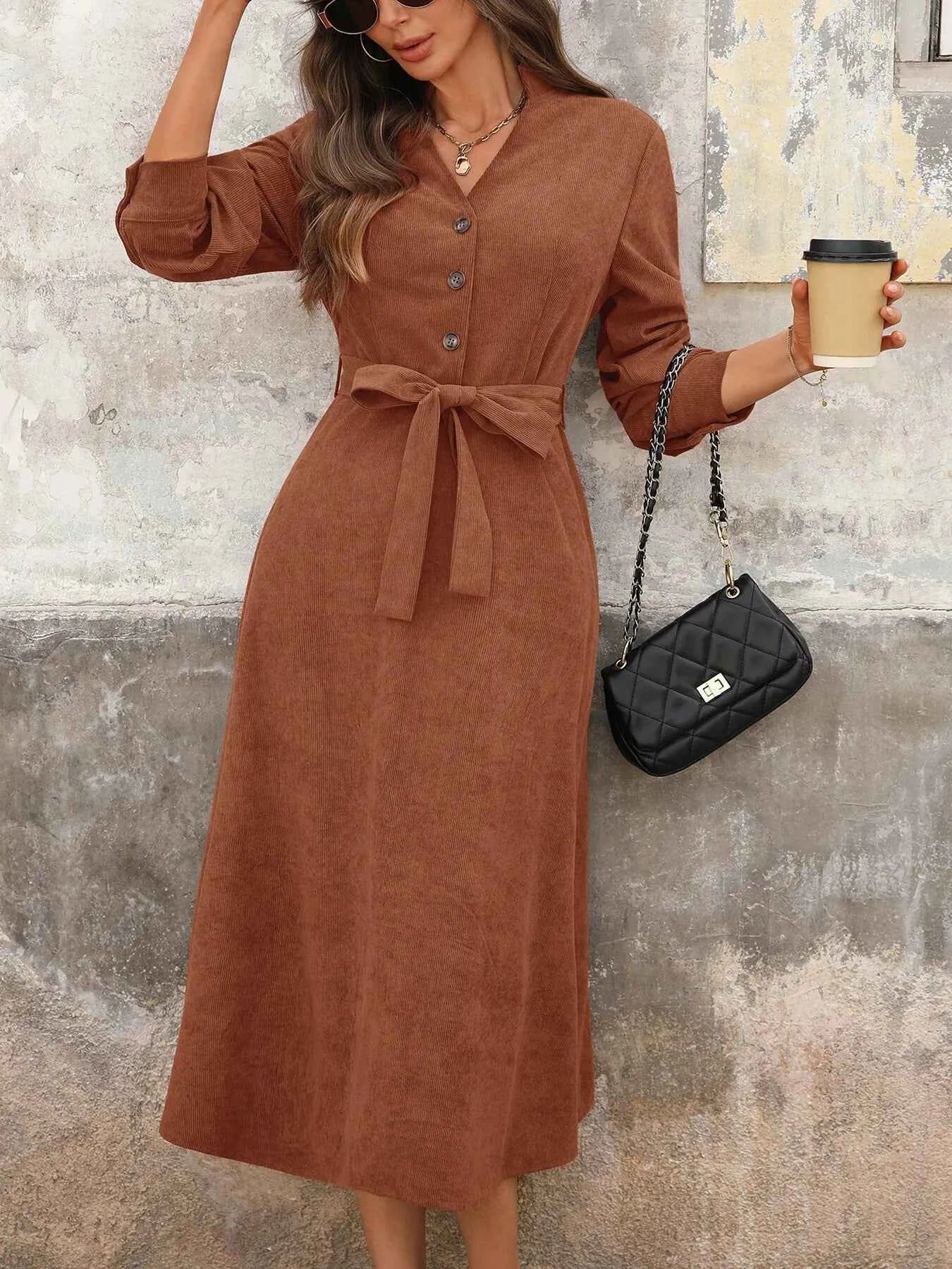 Long Sleeve Button Front Belted Midi Dress