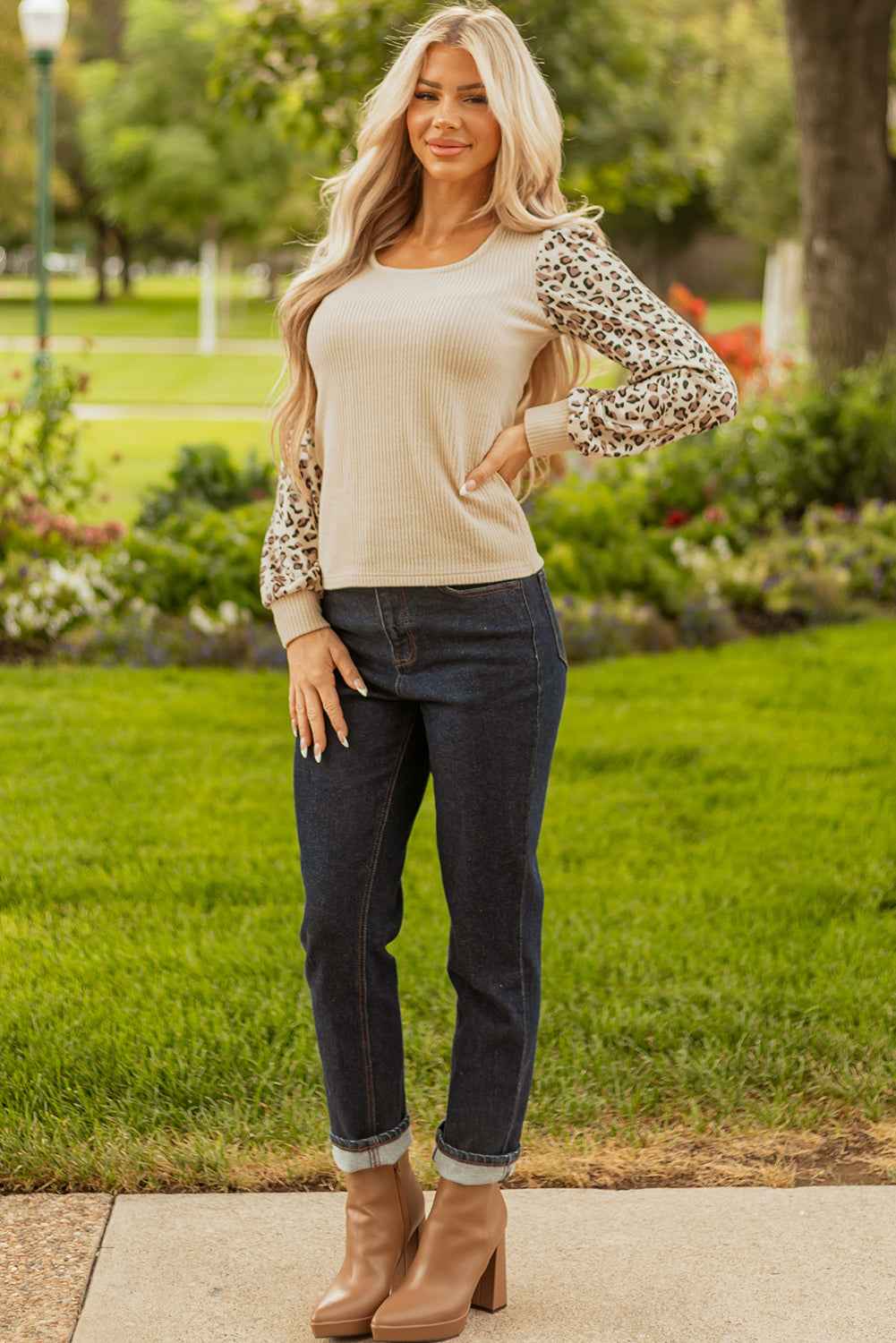 Apricot Leopard Sleeve Patchwork Ribbed Knit U Neck Top