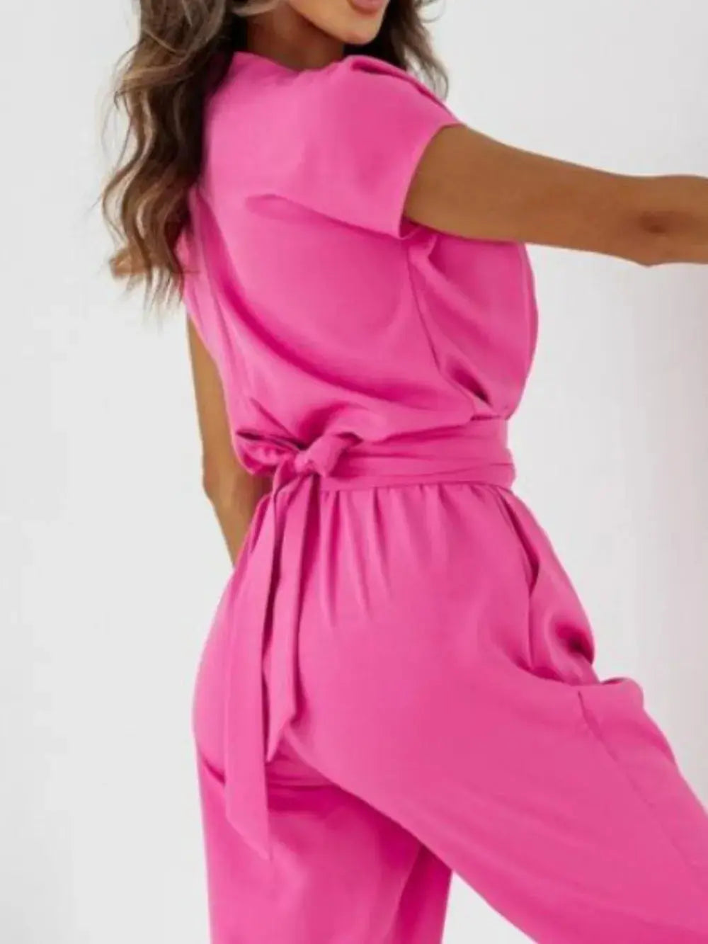 Surplice Cap Sleeve Tie Waist Jumpsuit.