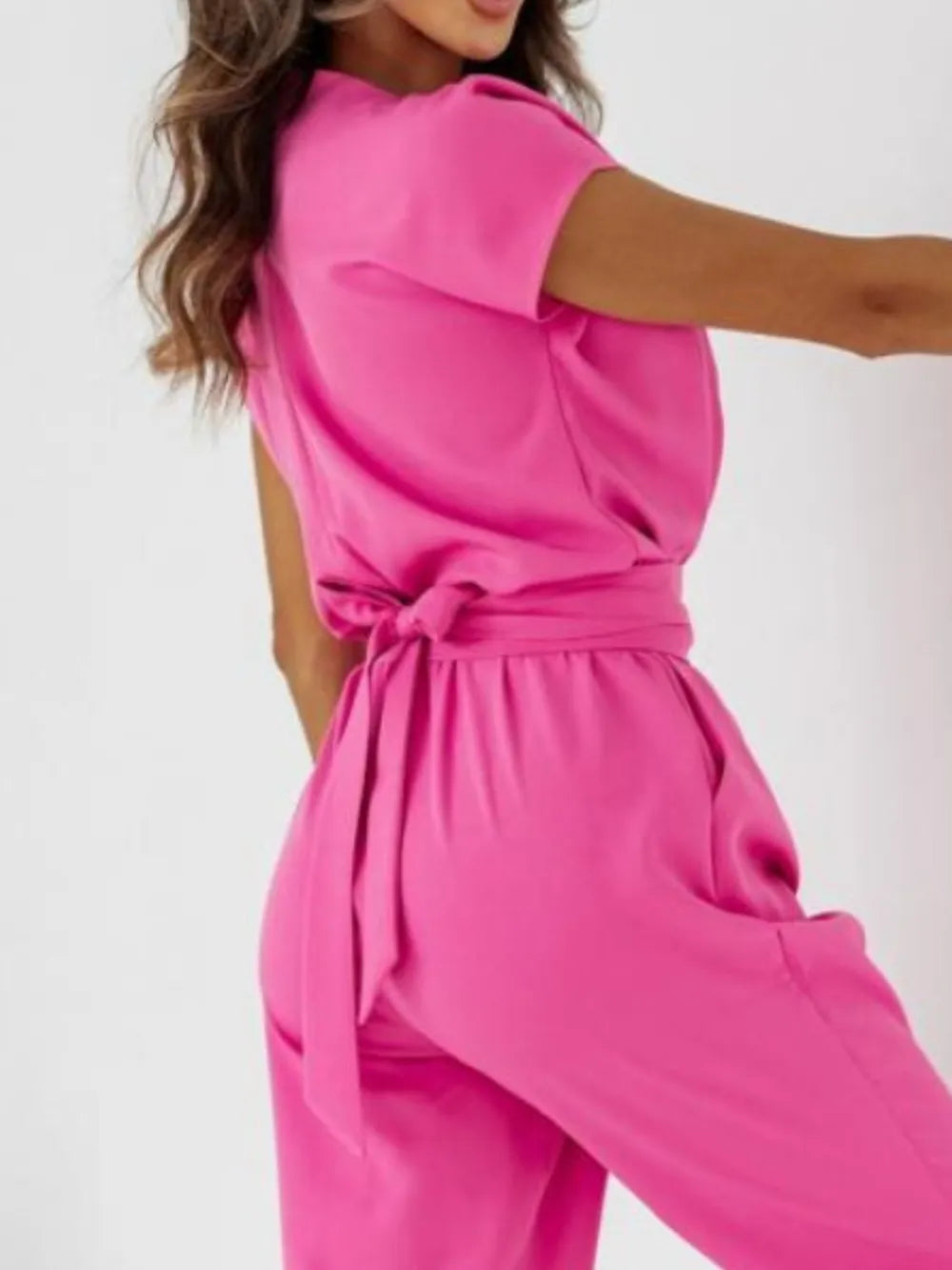 Surplice Cap Sleeve Tie Waist Jumpsuit - CHIC TB