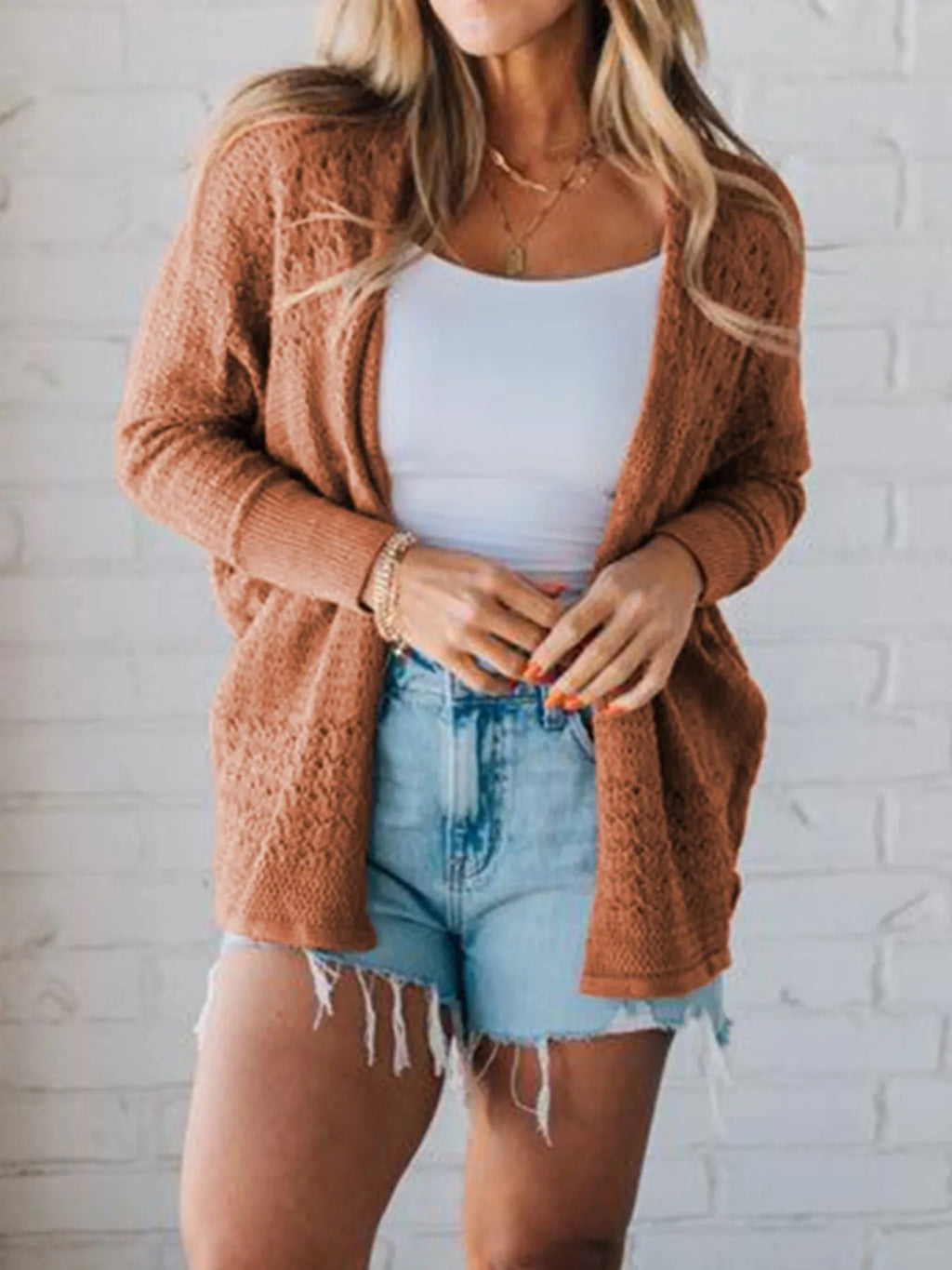 Open Front Knitted Cardigan with Eyelet Details.