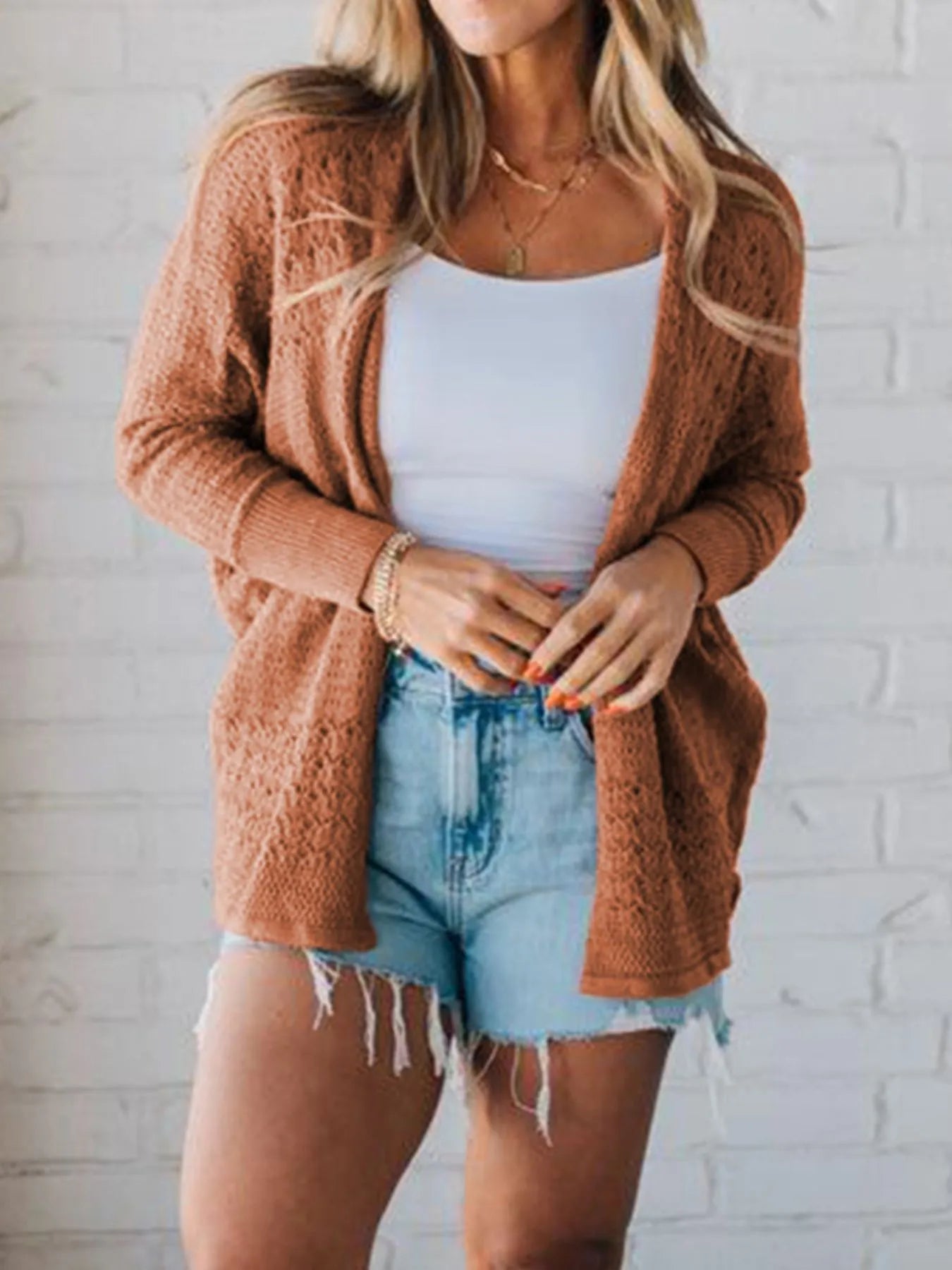 Open Front Knitted Cardigan with Eyelet Details.