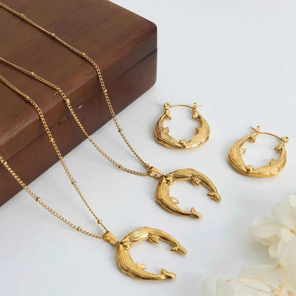 Gold Dolphin Jewelry Set with Necklace and Earrings