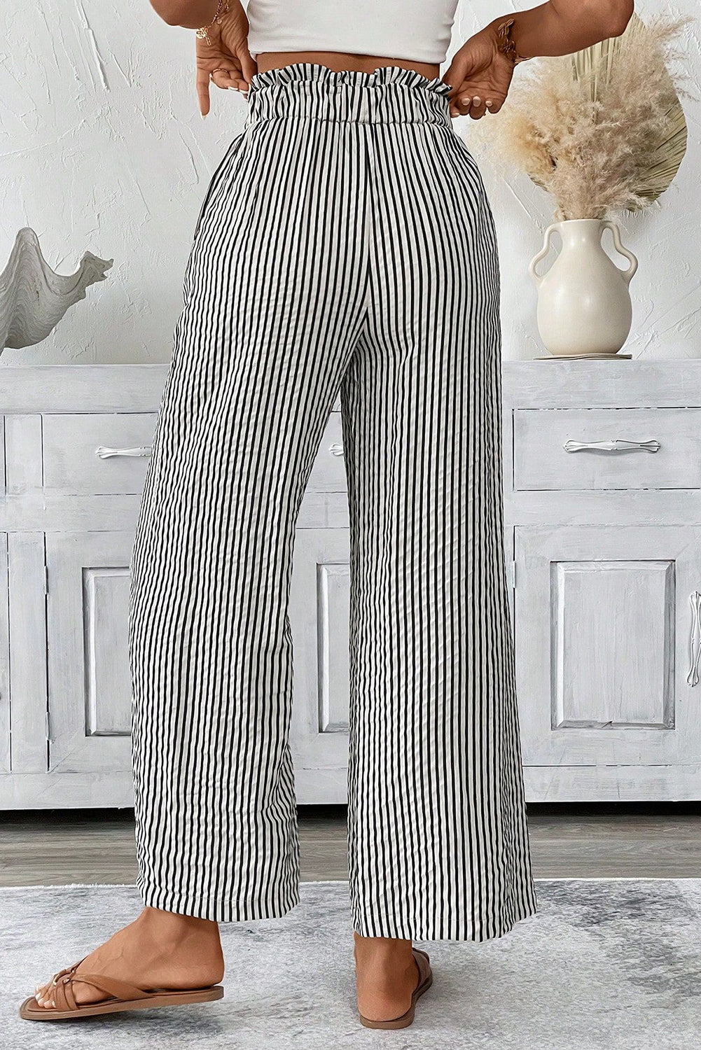 Black Stripe Tied High Waist Loose Straight Casual Pants Dear-Lover Dropshipping