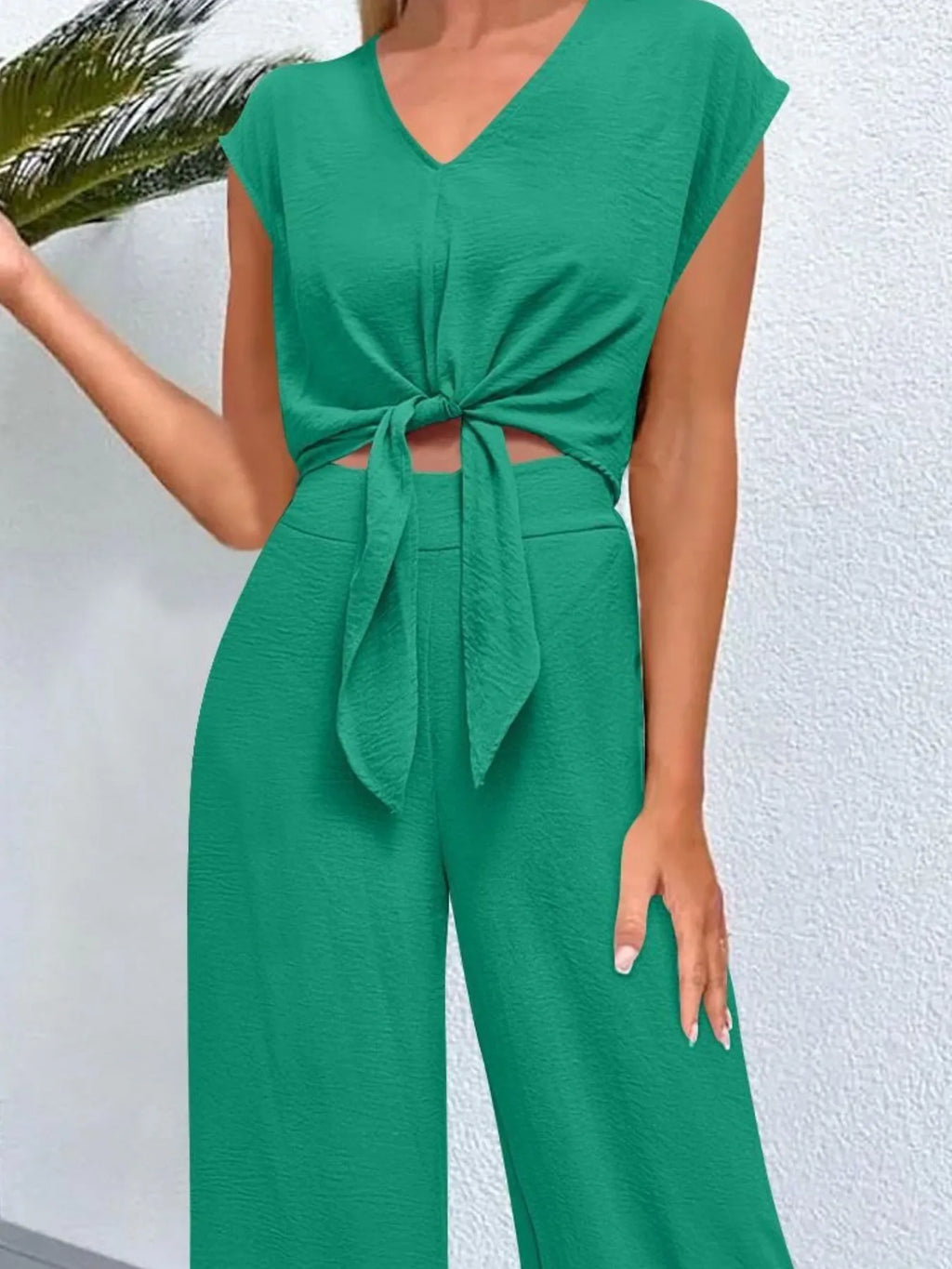 Tie Front Top and Wide Leg Pants Set.