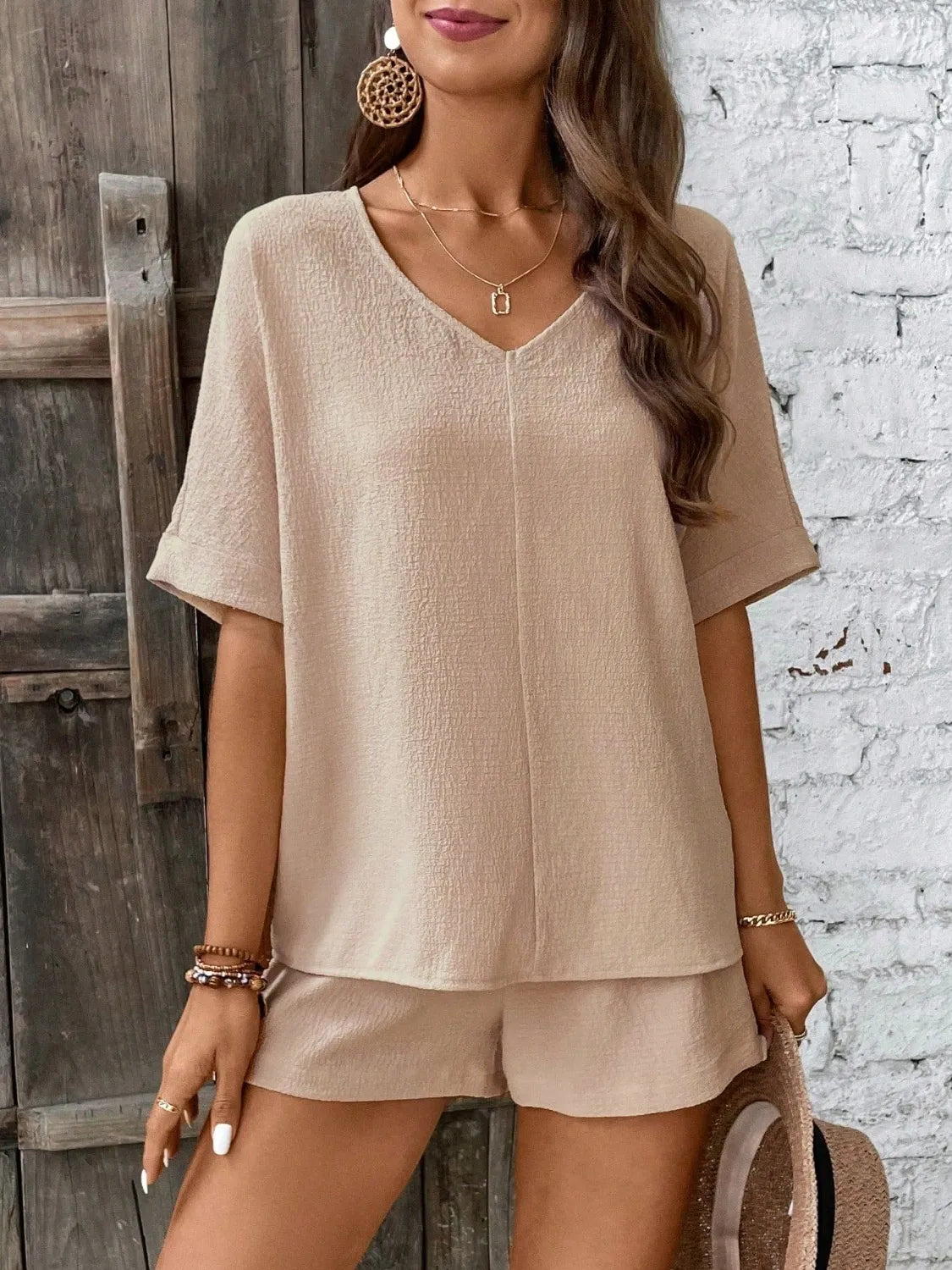 V-Neck Half Sleeve Top and Shorts women Set - CHIC TB