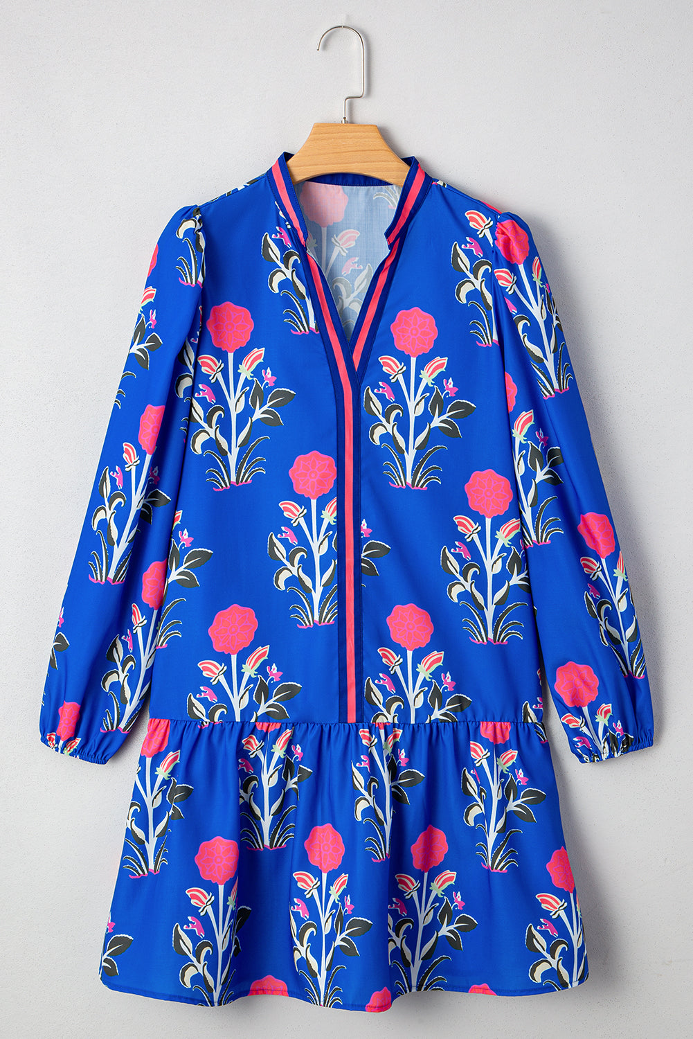 Sky Blue Floral Print Contrast Striped Trim Notched Neck Long Sleeve Dress Dear-Lover Dropshipping