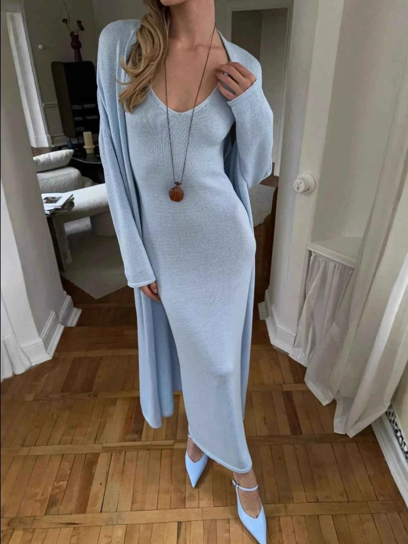 V-Neck Knit Dress and Cardigan Sweater Set