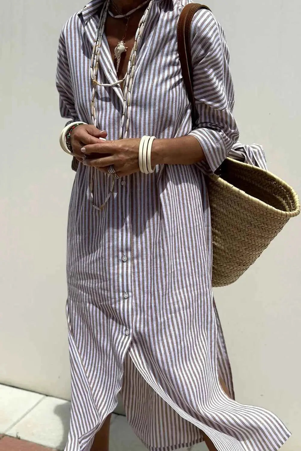 Tied Button Up Three-Quarter Sleeve Dress.