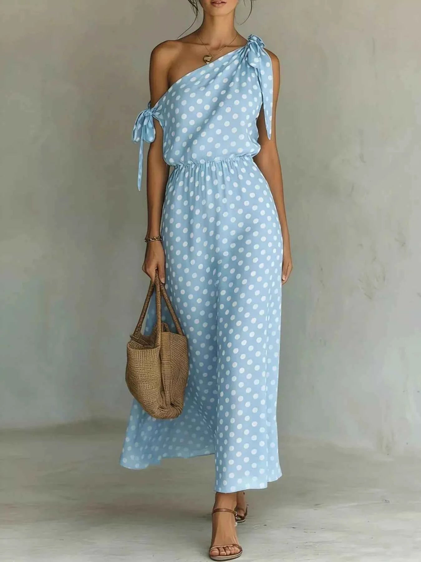 Full Size Polka Dot One-Shoulder Maxi Dress with Tie Details Plus Size