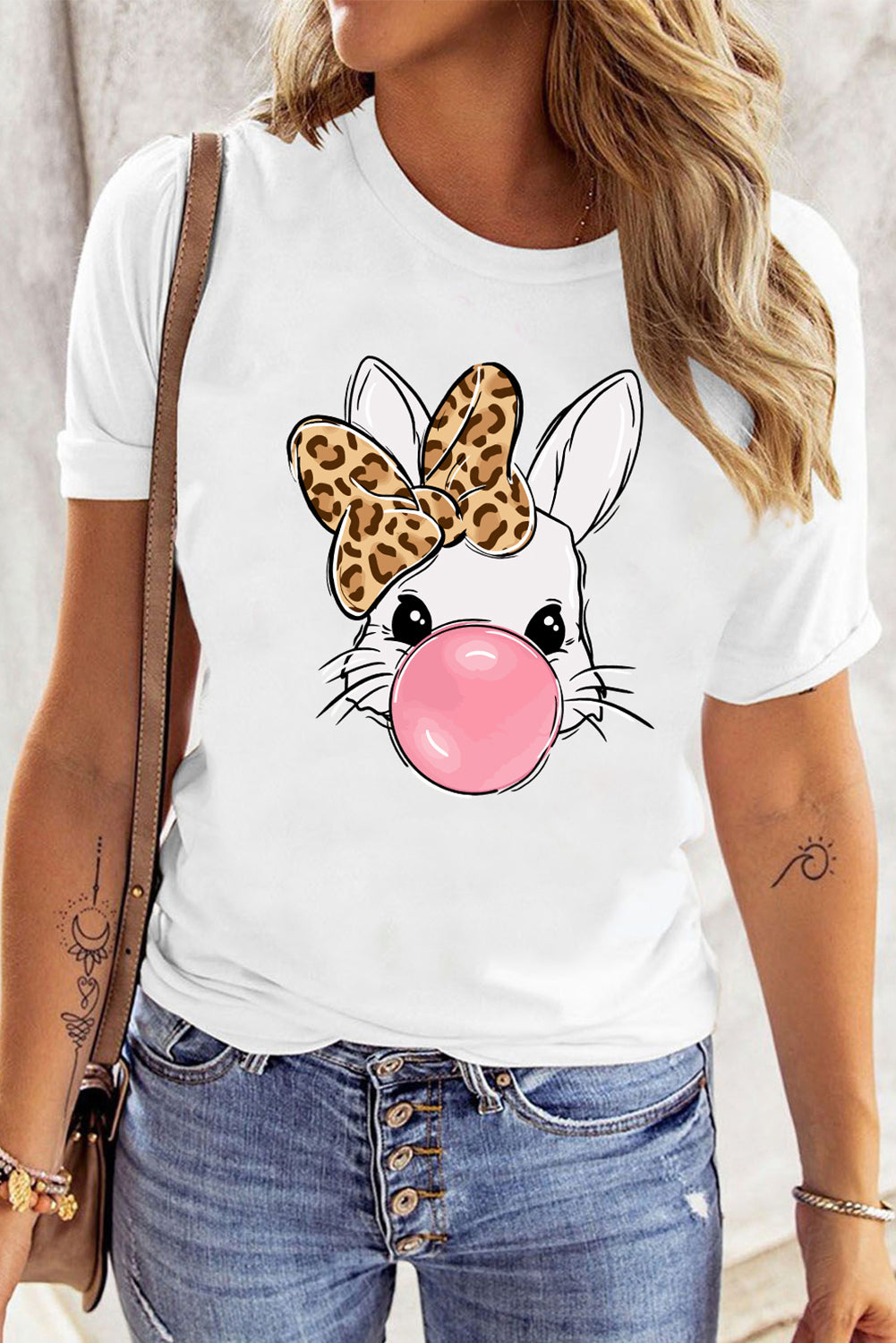 White Leopard Bow Bubble Rabbit Graphic Tee Dear-Lover Dropshipping