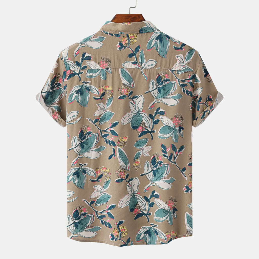 Men's Plus Size Floral Print Short Sleeve Button-Up Shirt.