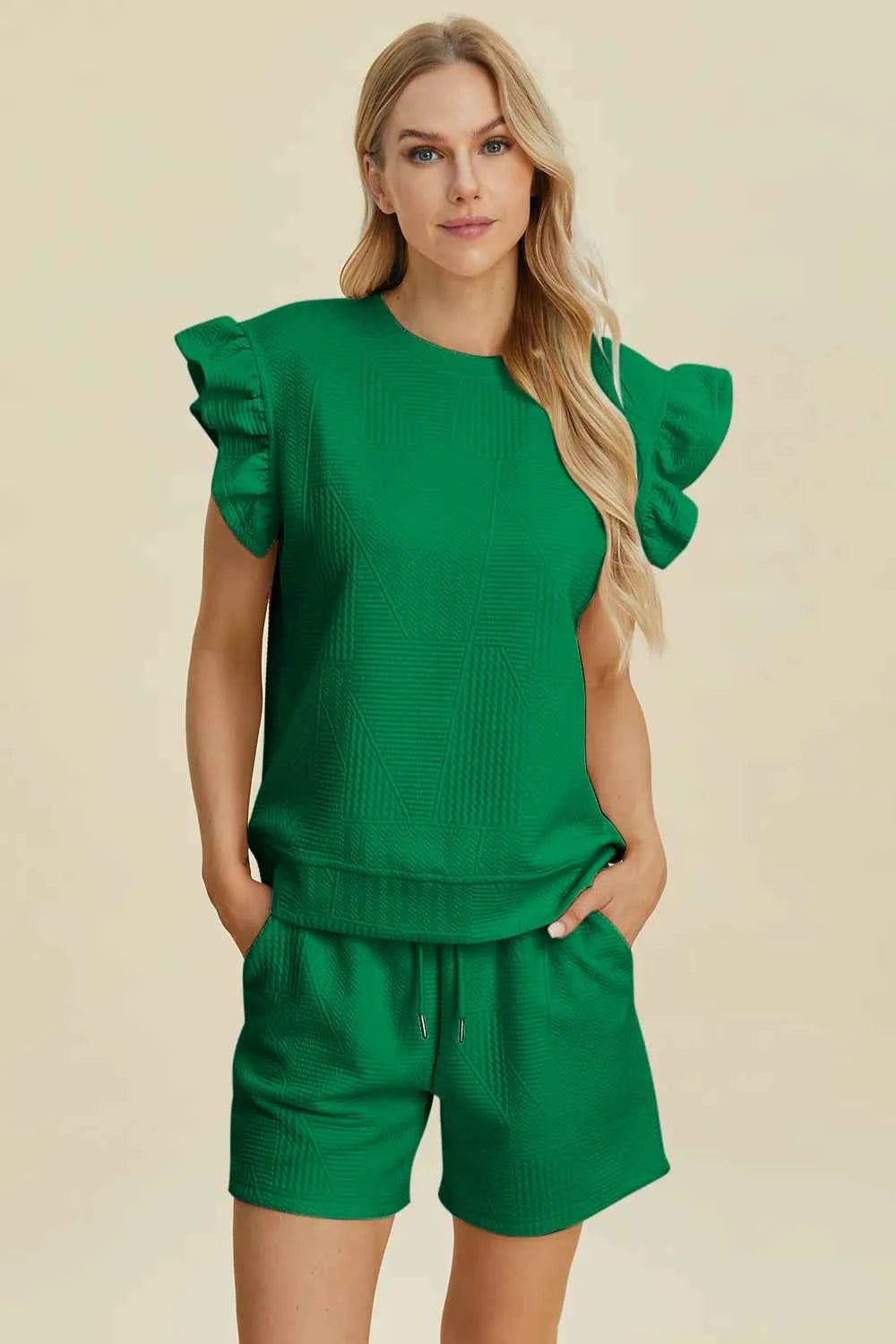 Round Neck Ruffle Sleeve Top and Shorts Set