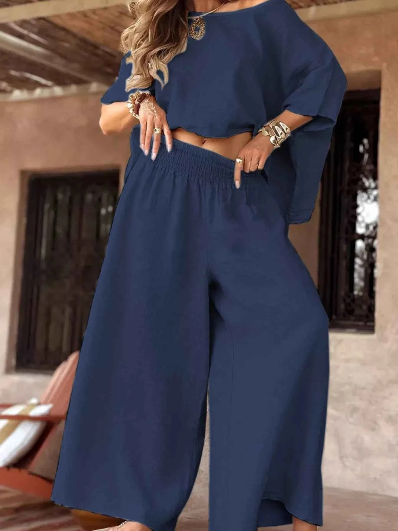 Full Size Boat Neck Top and Wide Leg Pants Set Plus Size.