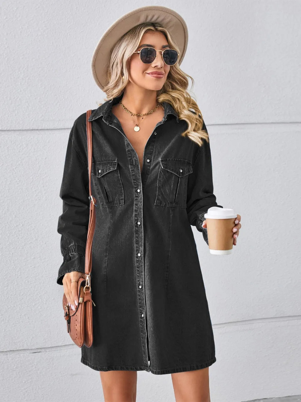 Pocketed long sleeve women Mini–Denim Dress.