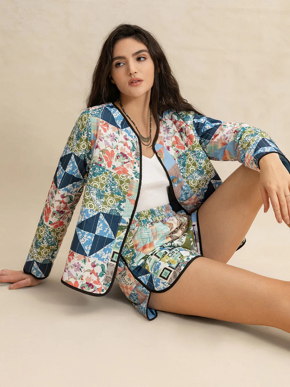 Button Up Long Sleeve Outerwear and Shorts Set - CHIC TB