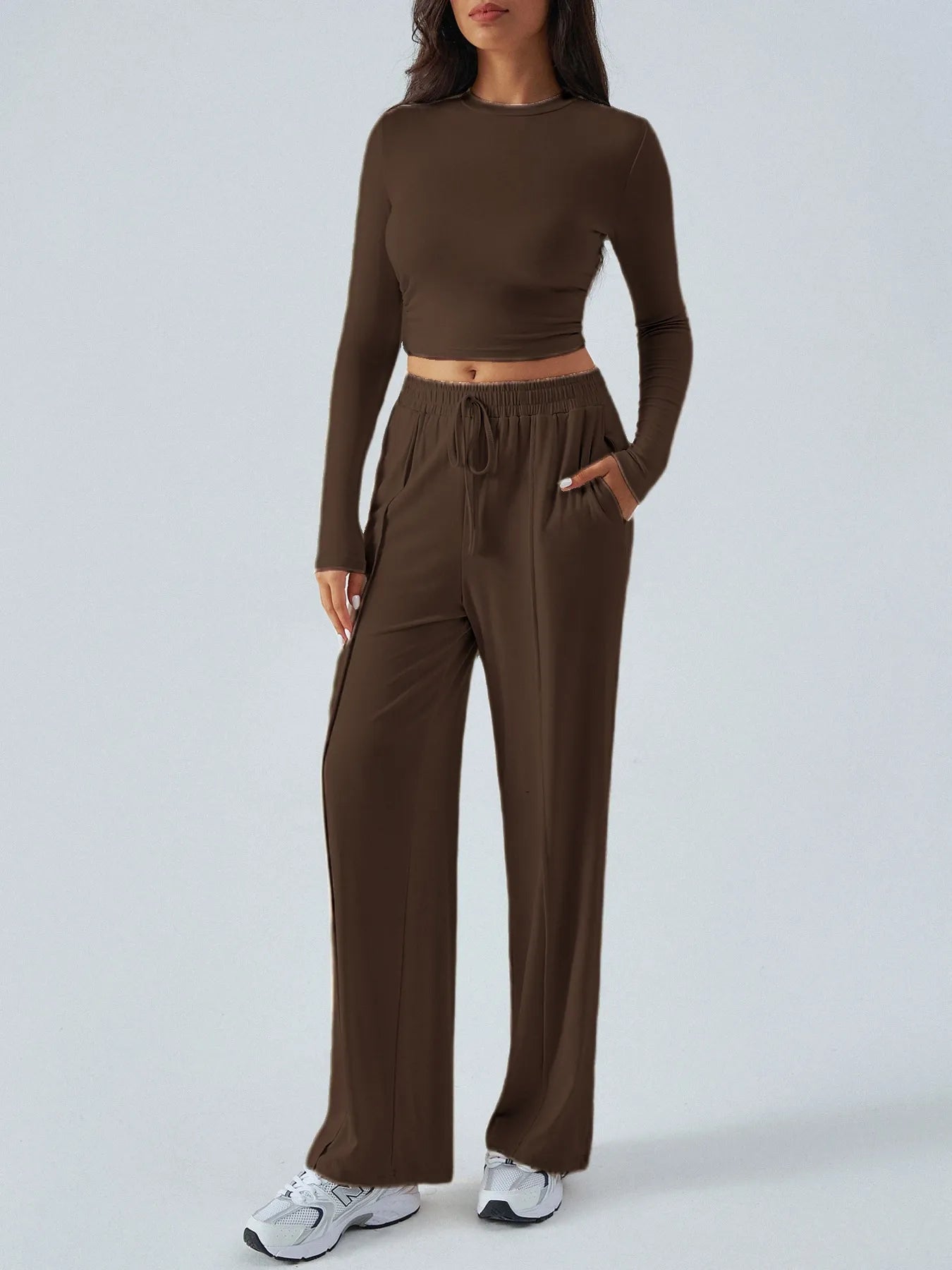Round Neck Long Sleeve Top and Pants Set.