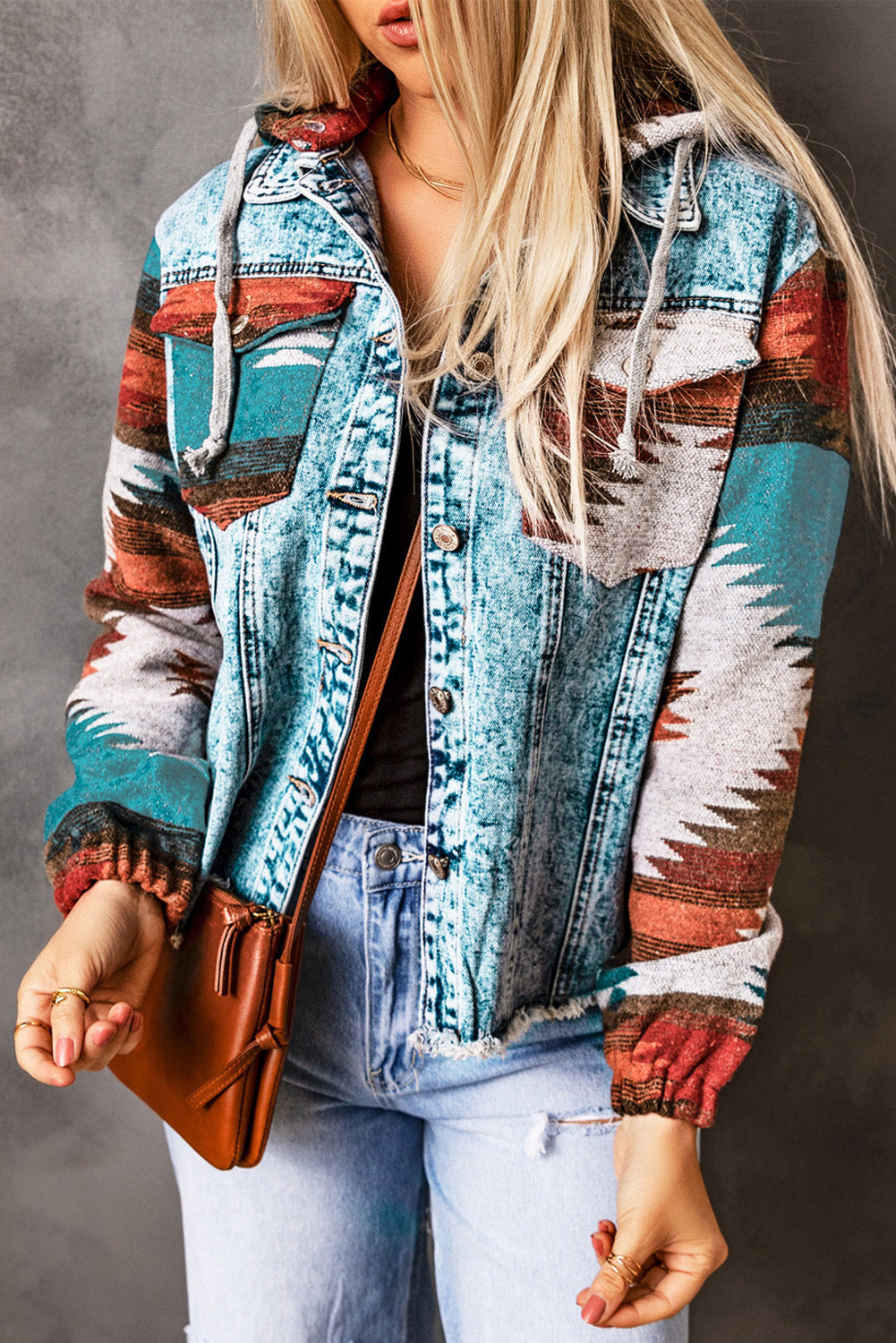 Multicolor Aztec Print Frayed Hem Denim Jacket Dear-Lover Dropshipping