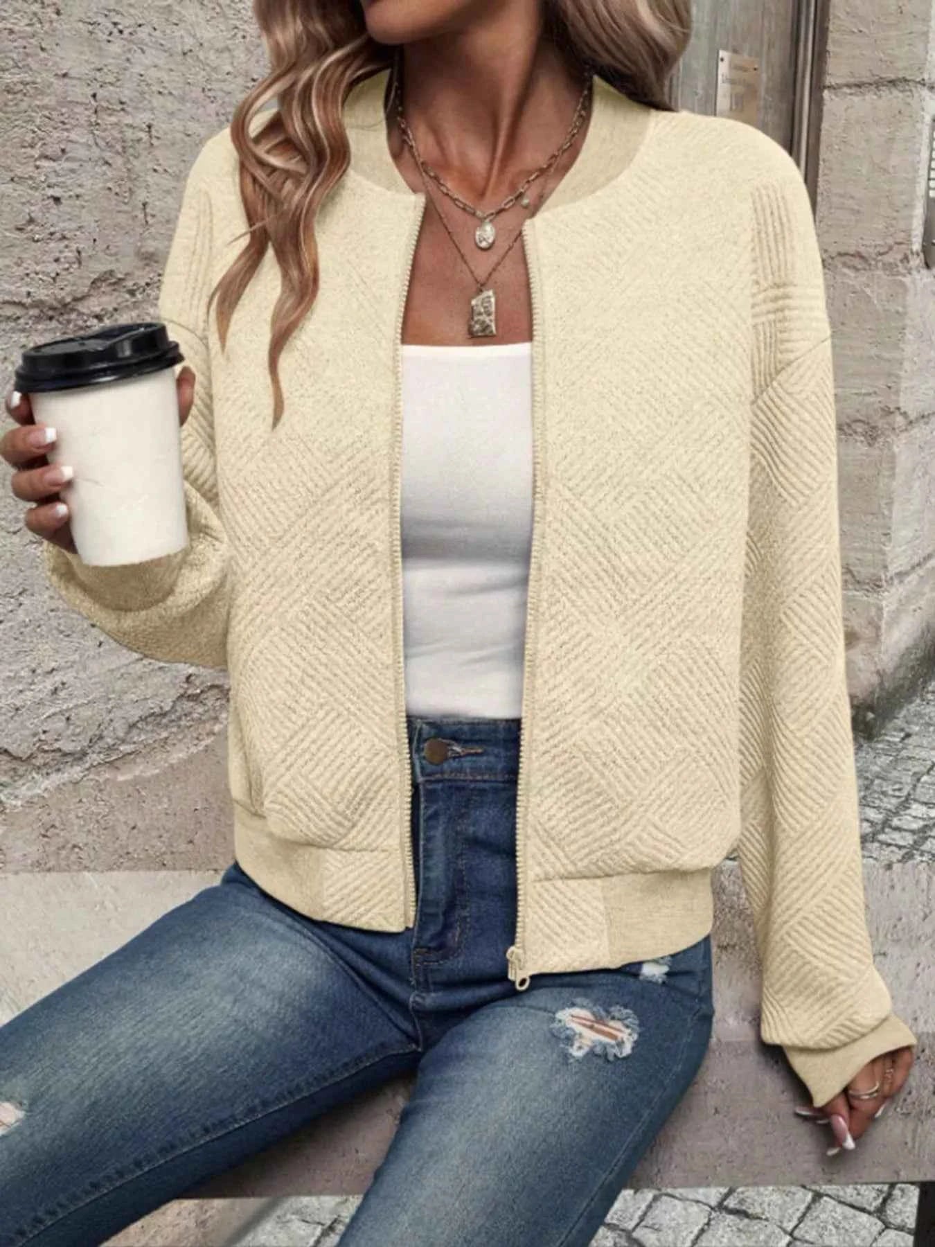 Textured Knit Zip-Up Bomber Jacket