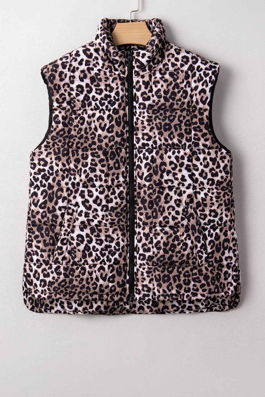 Brown Leopard Quilted Full Zipper Casual Puff Vest