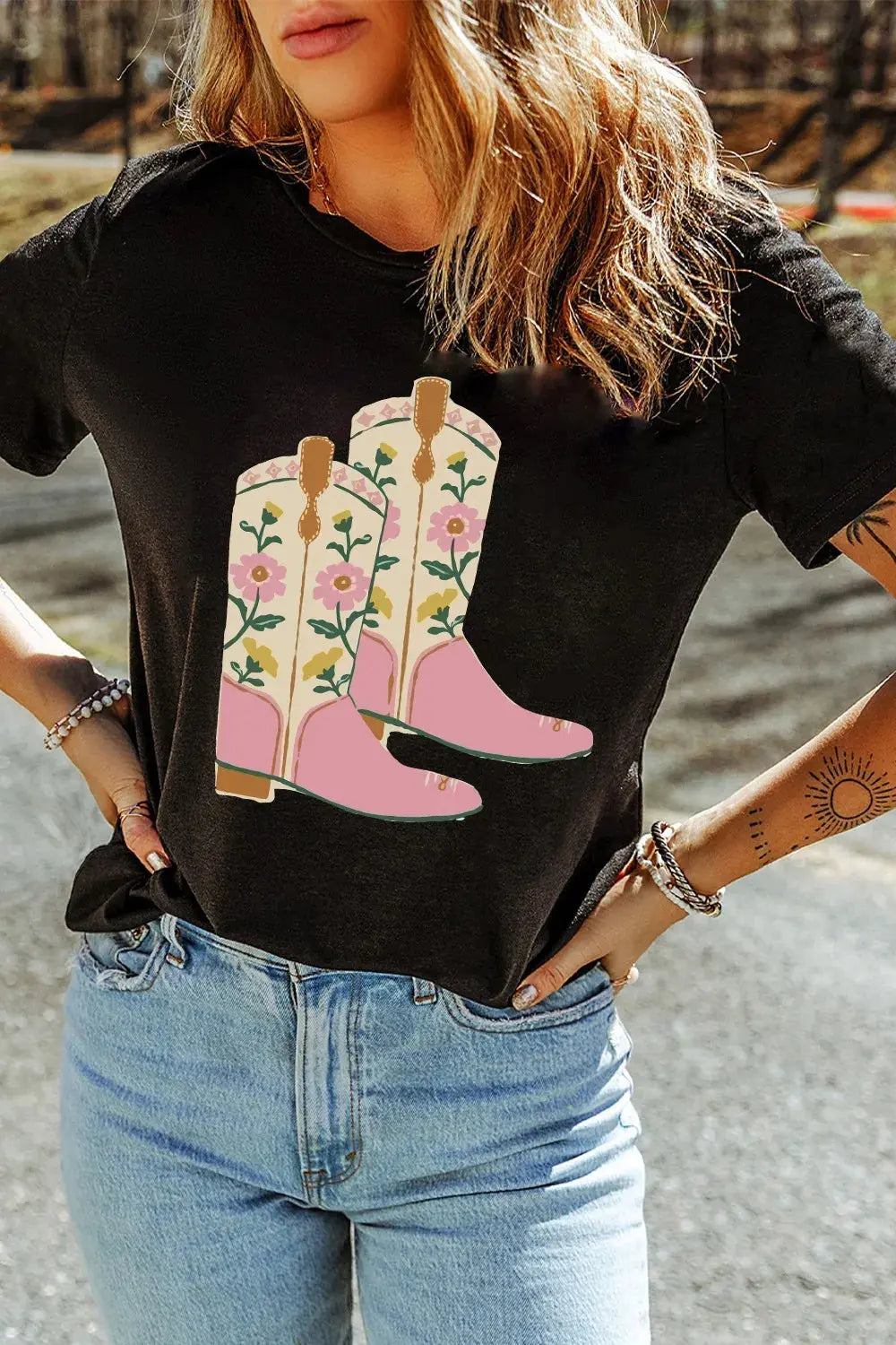 Floral Cowgirl Boots Graphic T-Shirt.