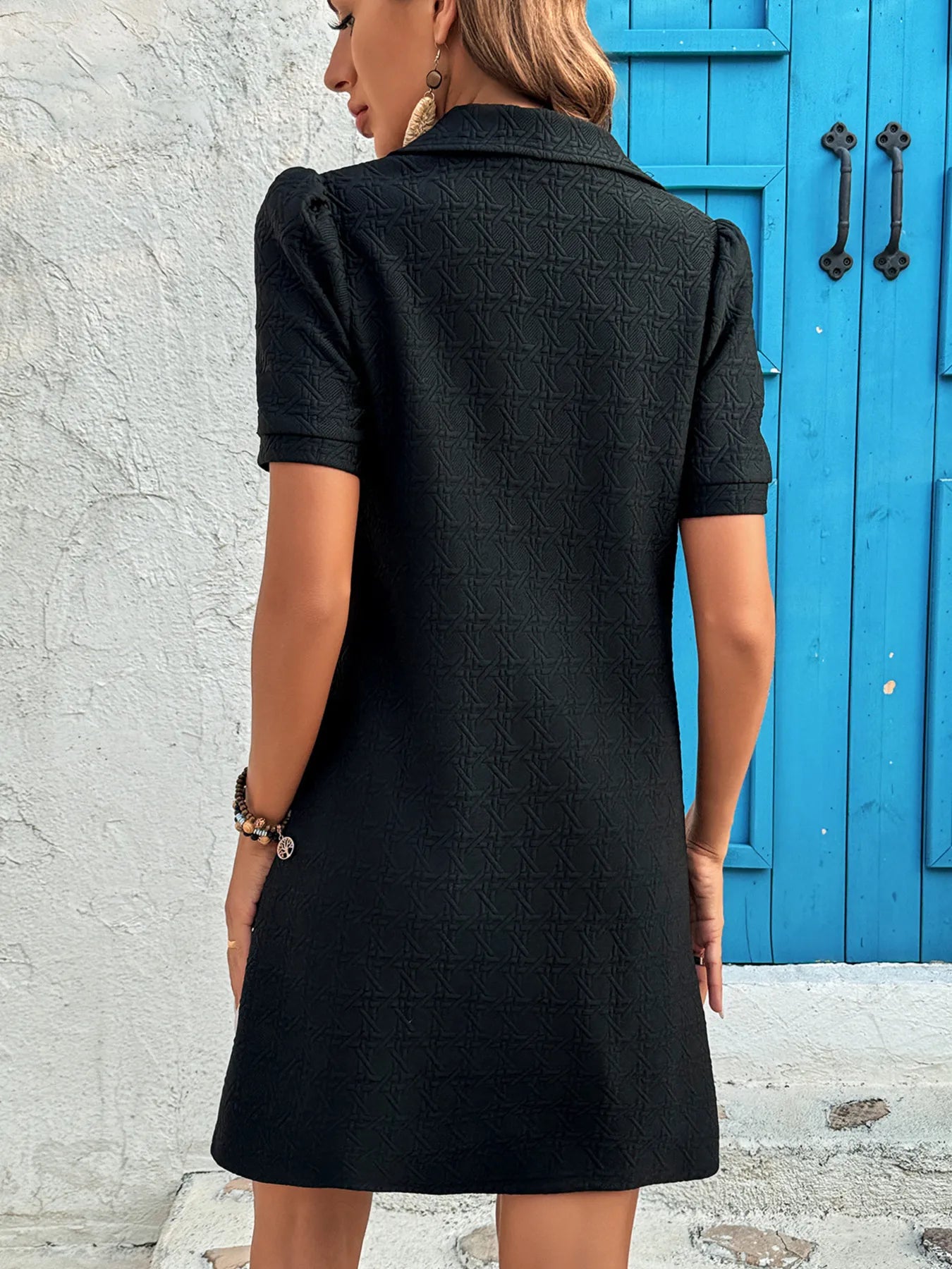 Zip Collar Short Sleeve Casual women Mini Dress.