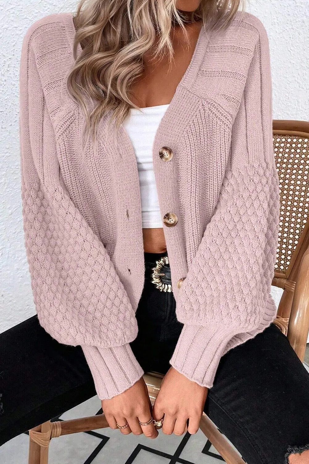Light Pink Mixed Texture Knit Button V Neck Sweater Cardigan