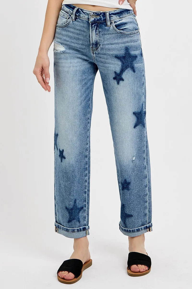 RISEN Full Size Mid Rise Boyfriend Star Shadow Detail Cuffed Jeans Plus Size.