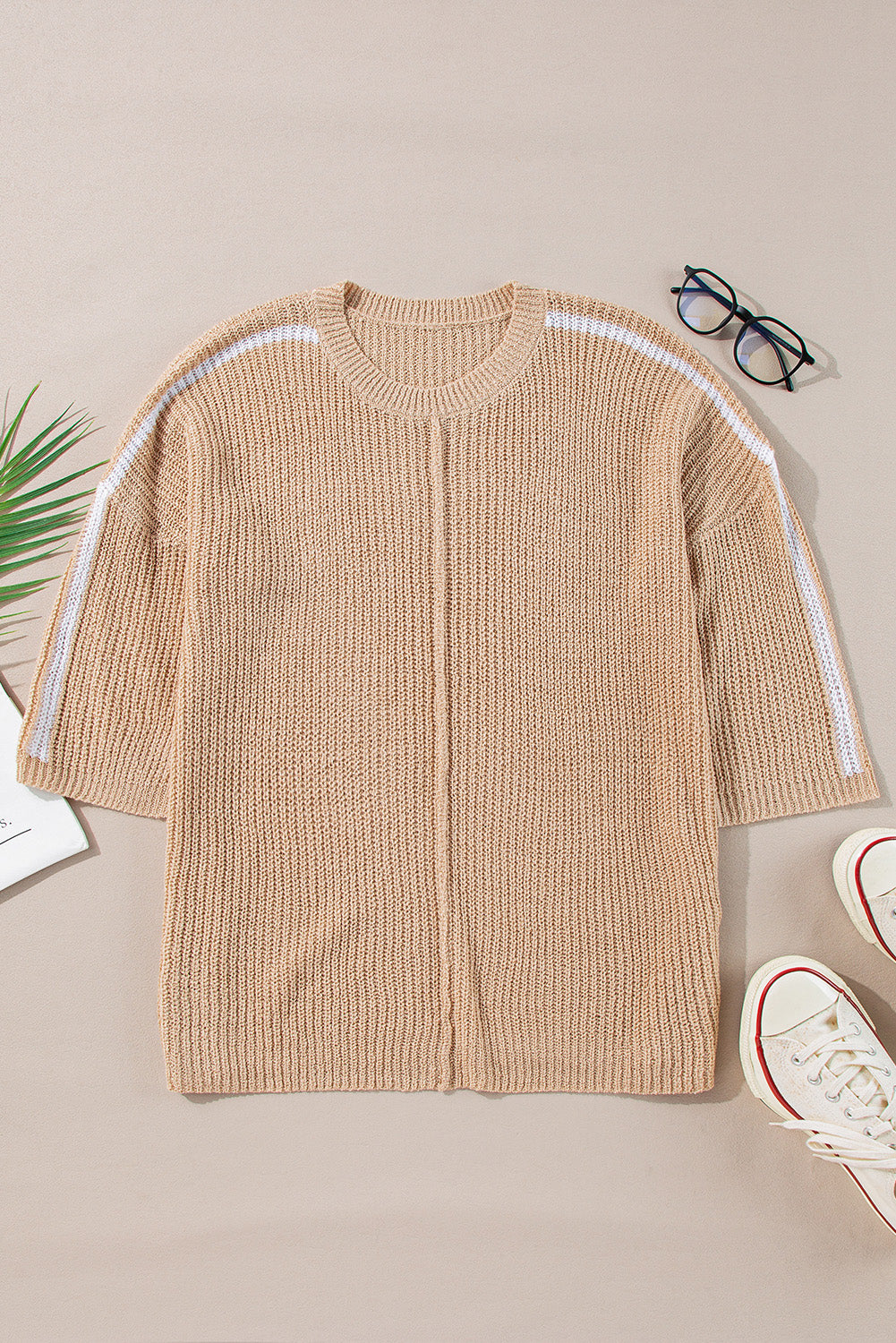 Light French Beige Contrast Striped 3/4 Sleeve Crew Neck Sweater Dear-Lover Dropshipping