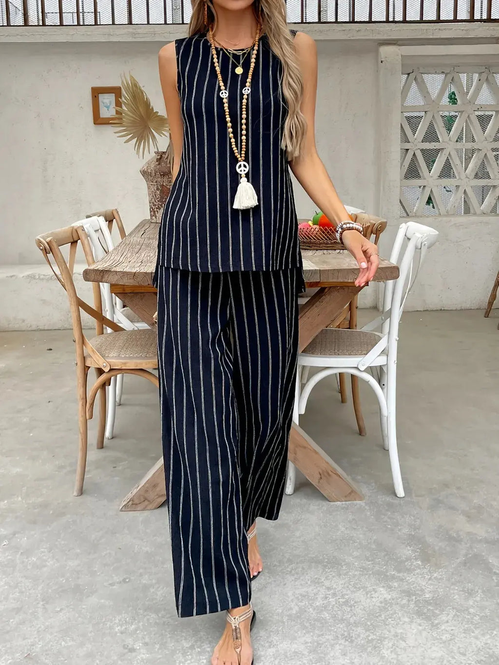 Striped Sleeveless Top and Pants Two-Piece Set.