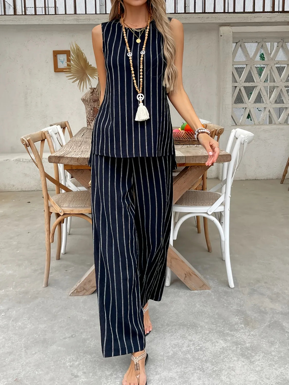 Striped Sleeveless Top and Pants Two-Piece Set - CHIC TB